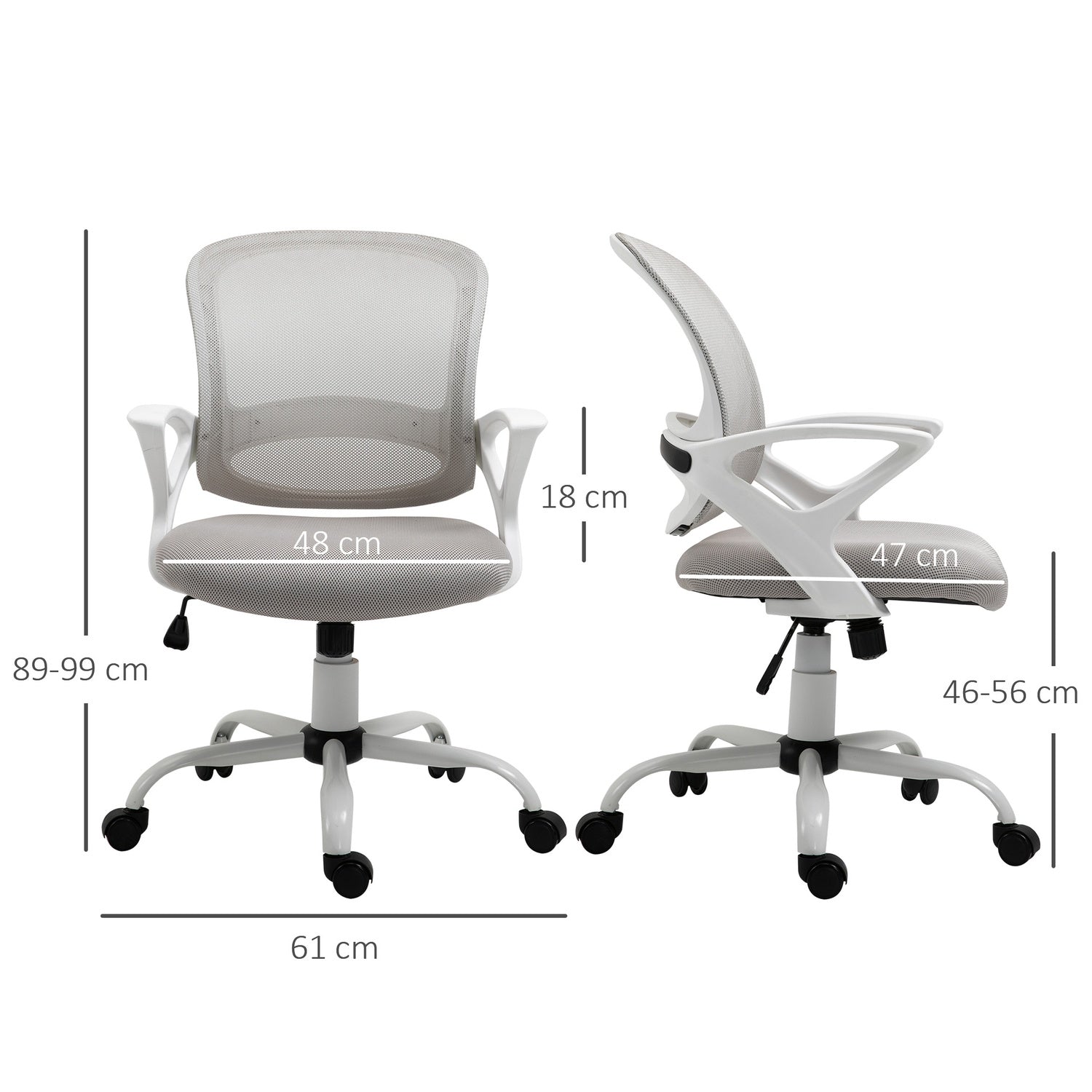 Kontorsstol, skrivbordsstol med hjul, ergonomisk, höj- och sänkbar, grå