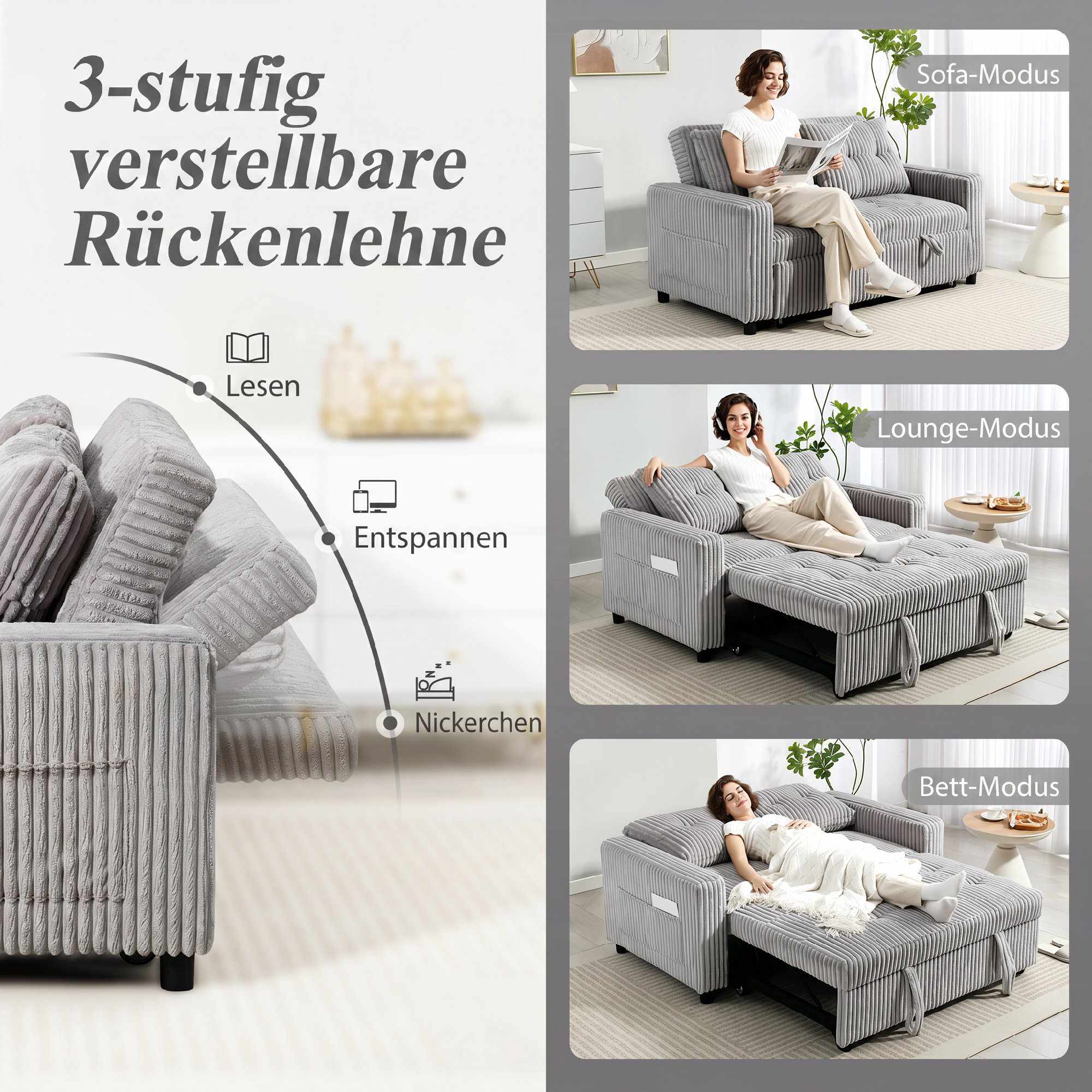 Konvertibel 2-sits bäddsoffa i sladd, 2 kuddar, fickor, grå