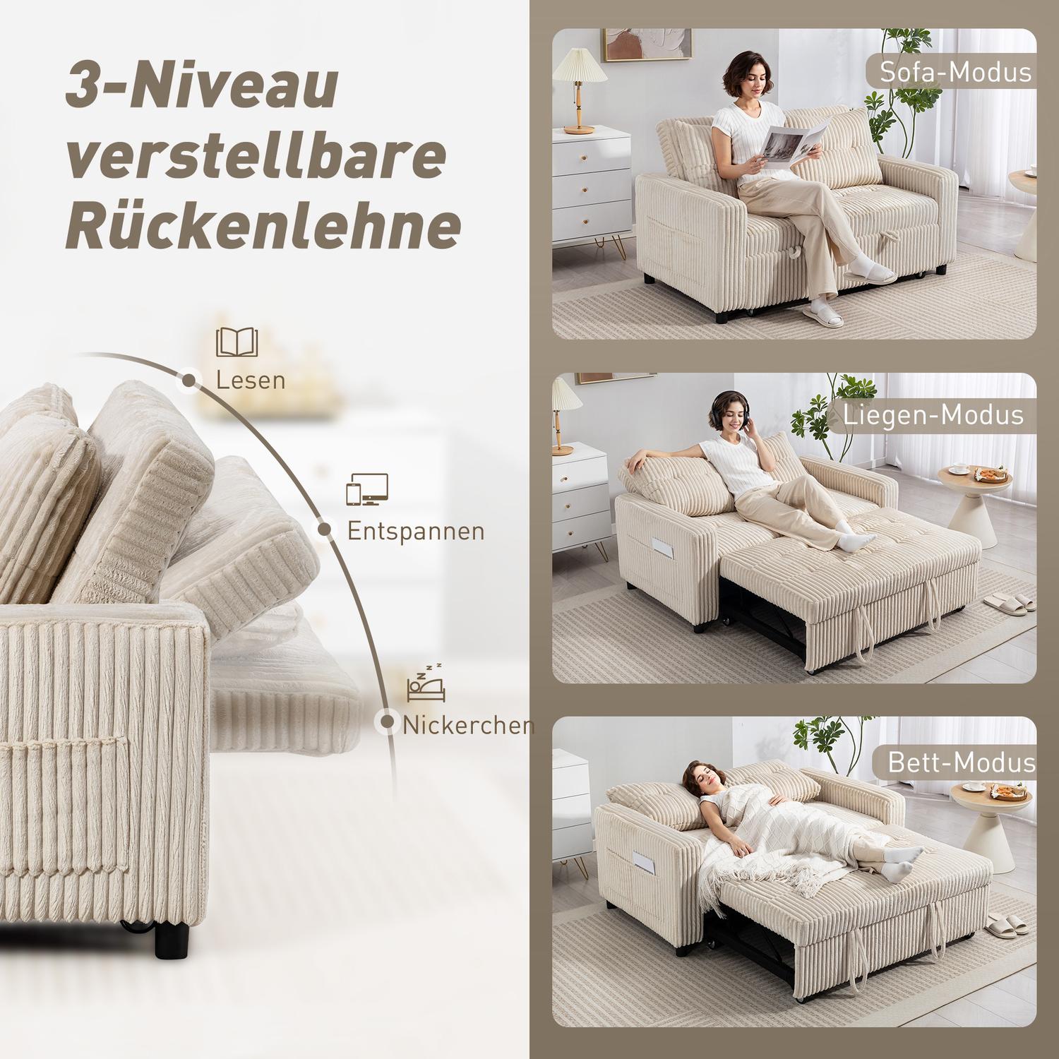 Konvertibel 2-sits bäddsoffa, manchestertyg, krämvit