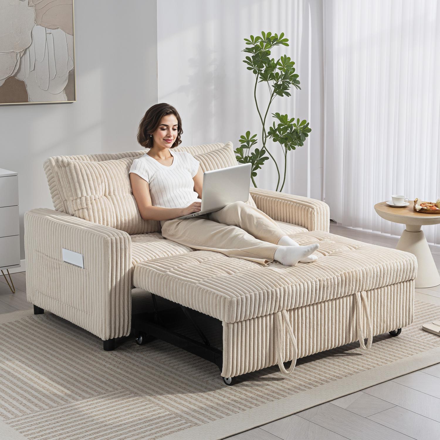 Konvertibel 2-sits bäddsoffa, manchestertyg, krämvit