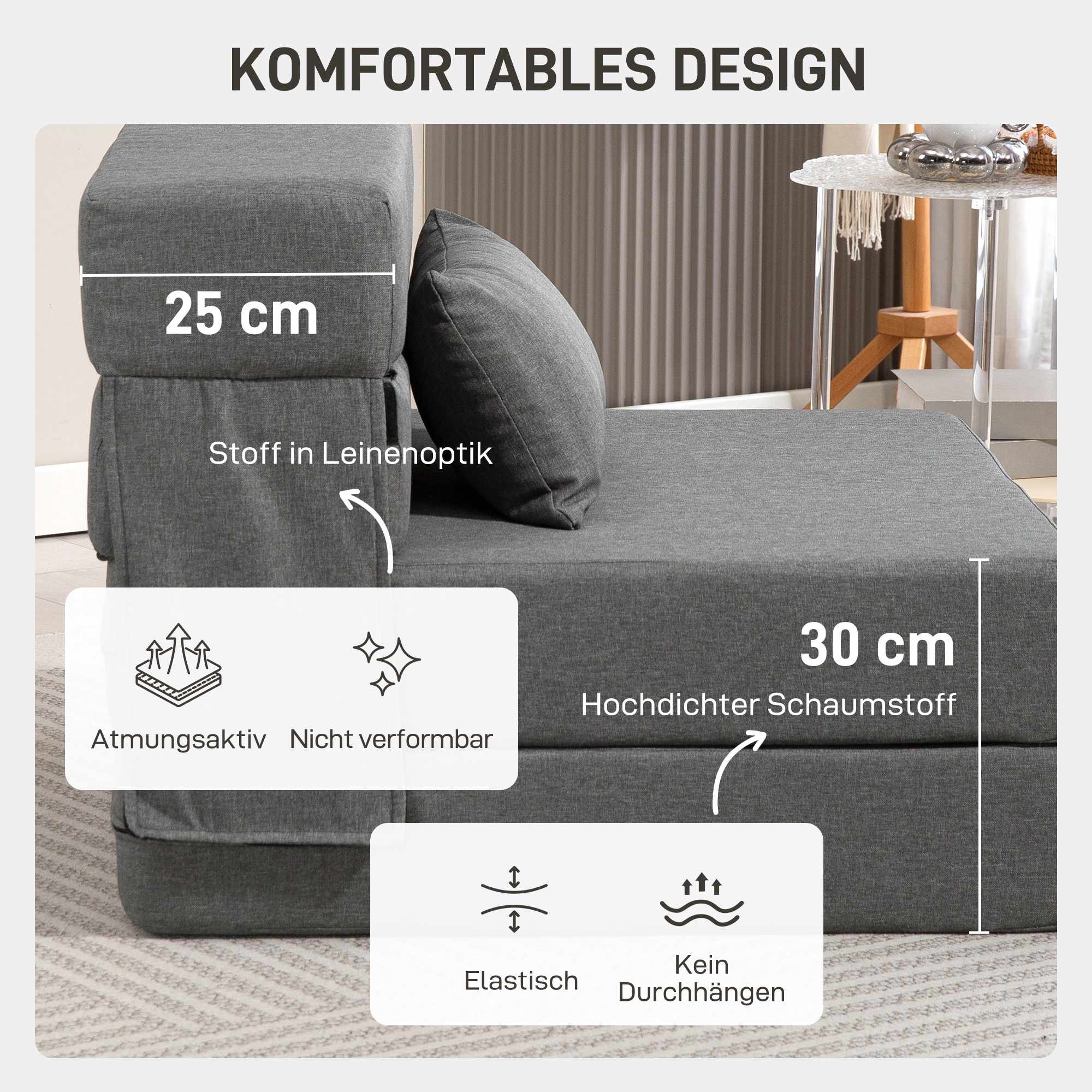 Konvertibel bäddsoffa i skum, grå, linnetyg