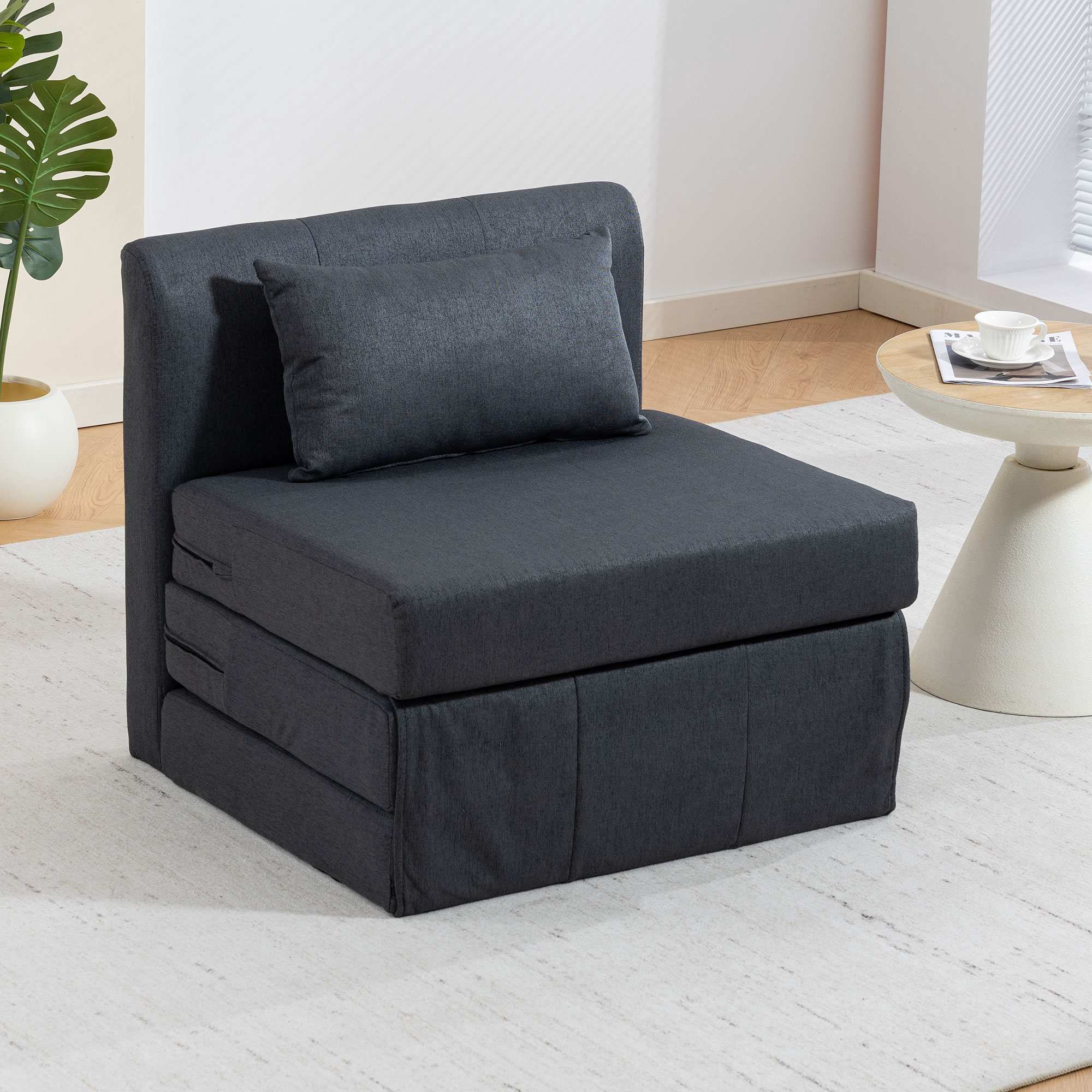 Konvertibel bäddsoffa med linnestruktur, mörkgrå