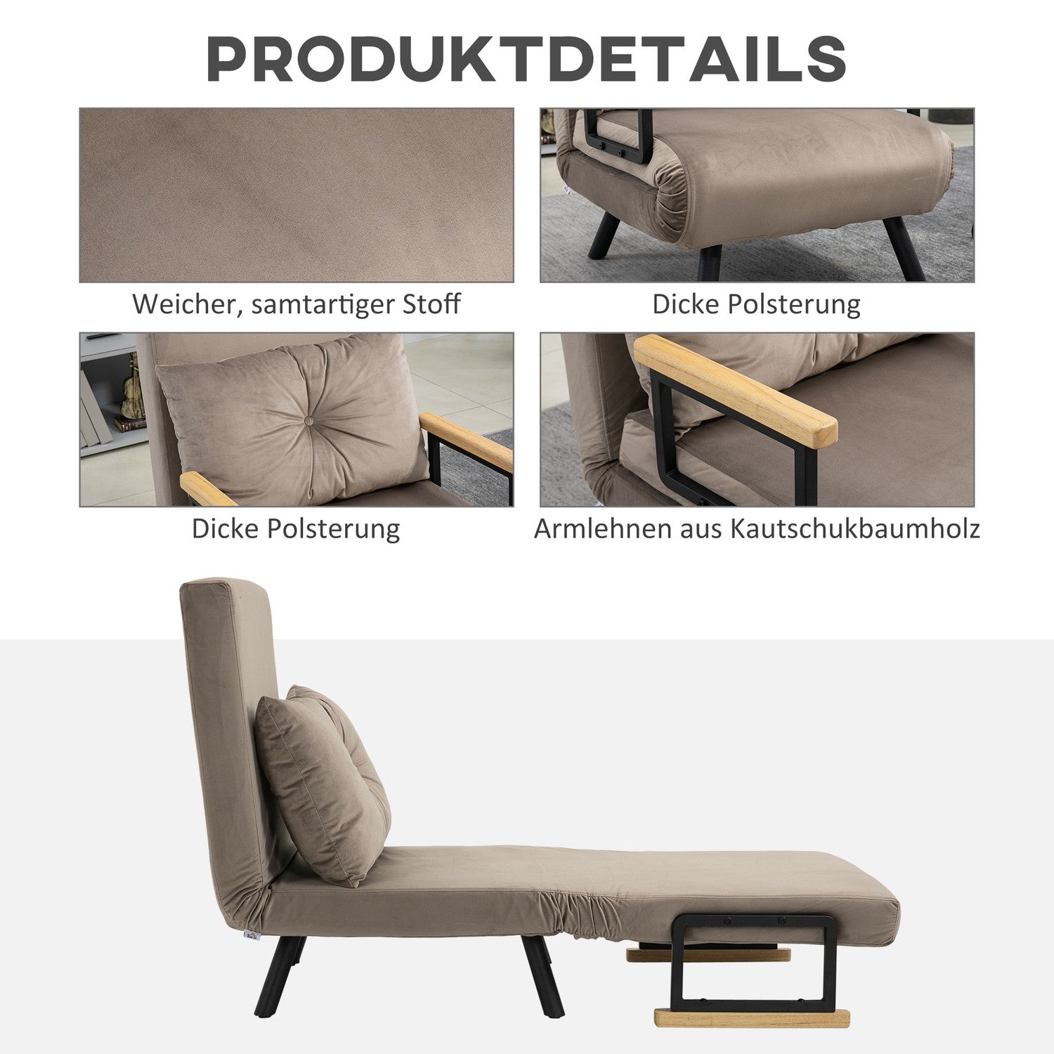 Konvertibel fåtöljsäng, sammetslook, justerbart ryggstöd