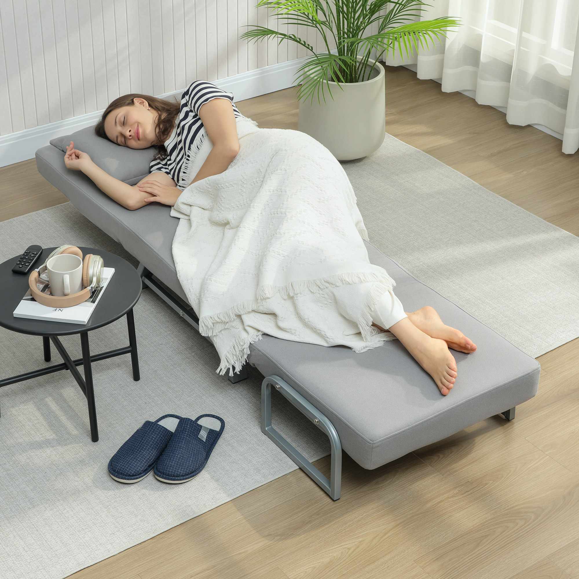 Konvertibel sovfåtölj, ergonomisk, ljusgrått tyg