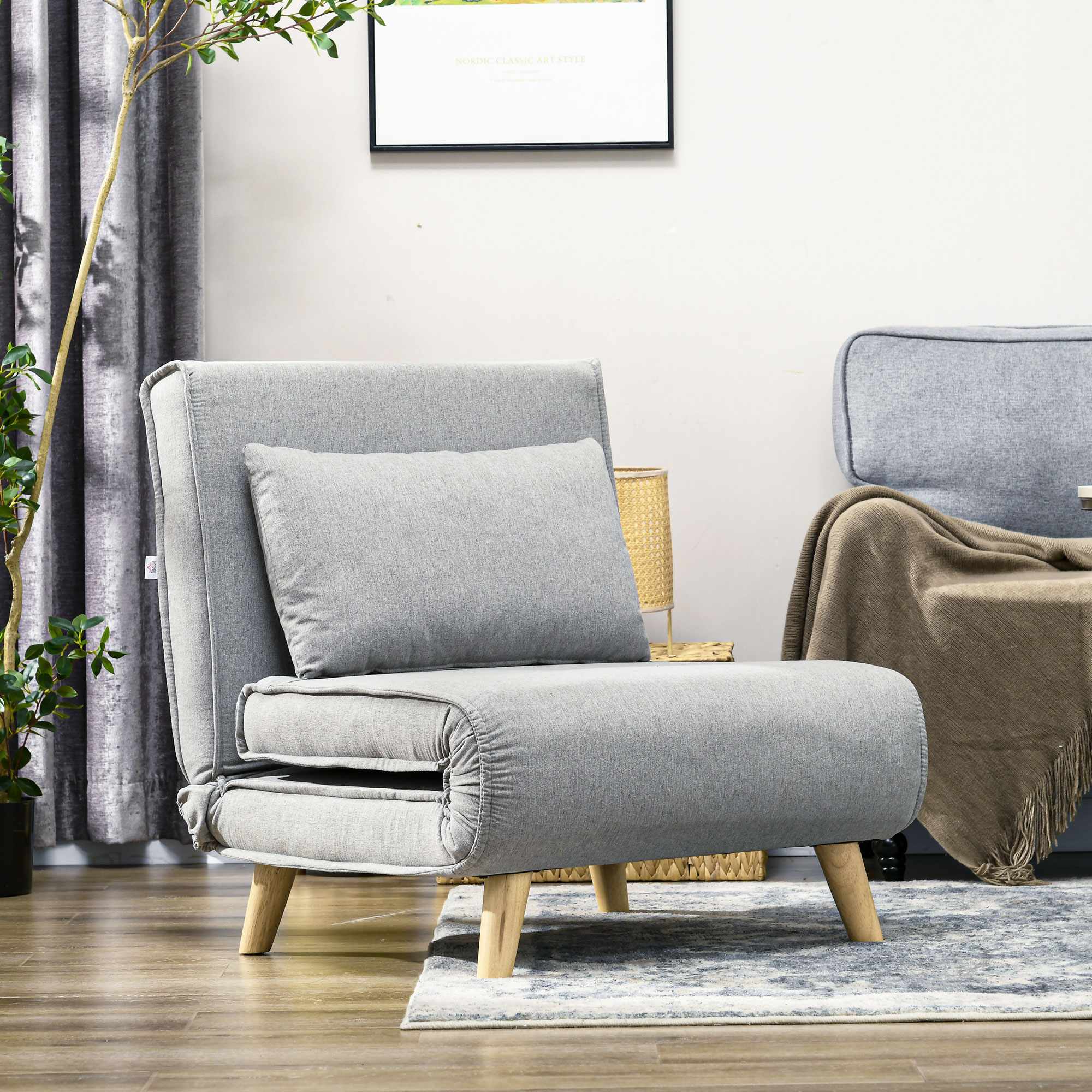 Konvertibel sovfåtölj, justerbart ryggstöd, linne-look, ljusgrå