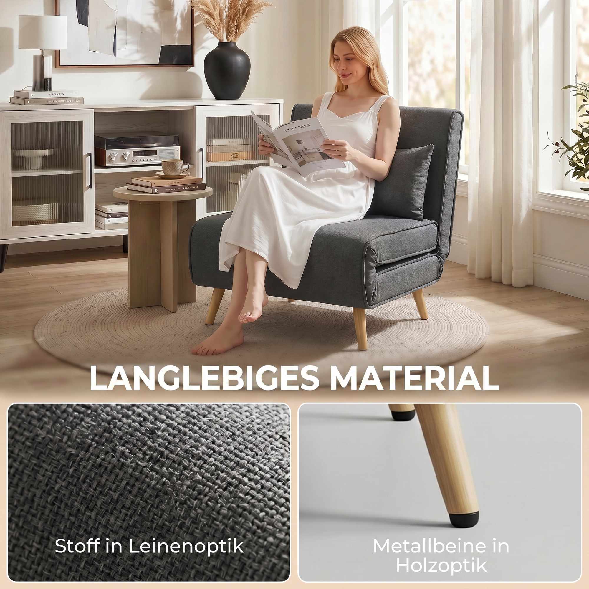 Konvertibel sovfåtölj, linne-look, grå, 3 positioner