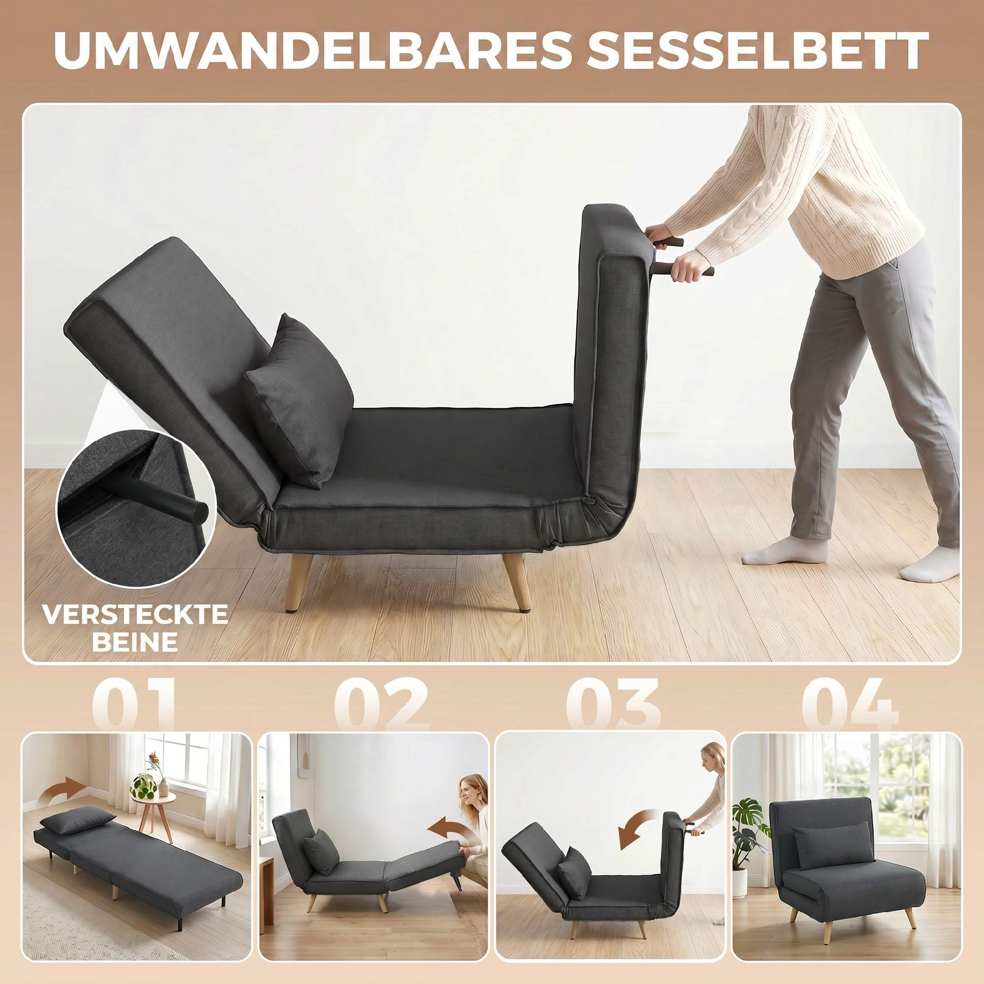 Konvertibel sovfåtölj, linne-look, grå, 3 positioner