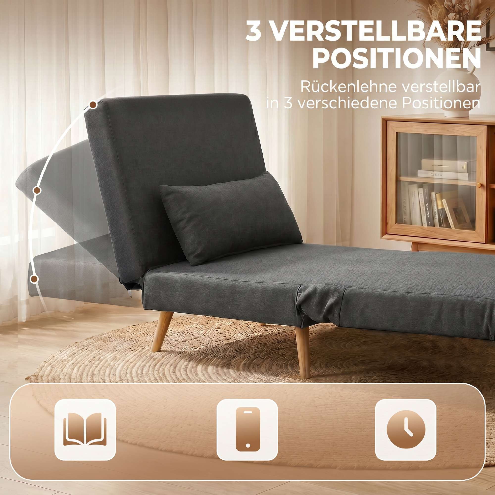 Konvertibel sovfåtölj, linne-look, grå, 3 positioner