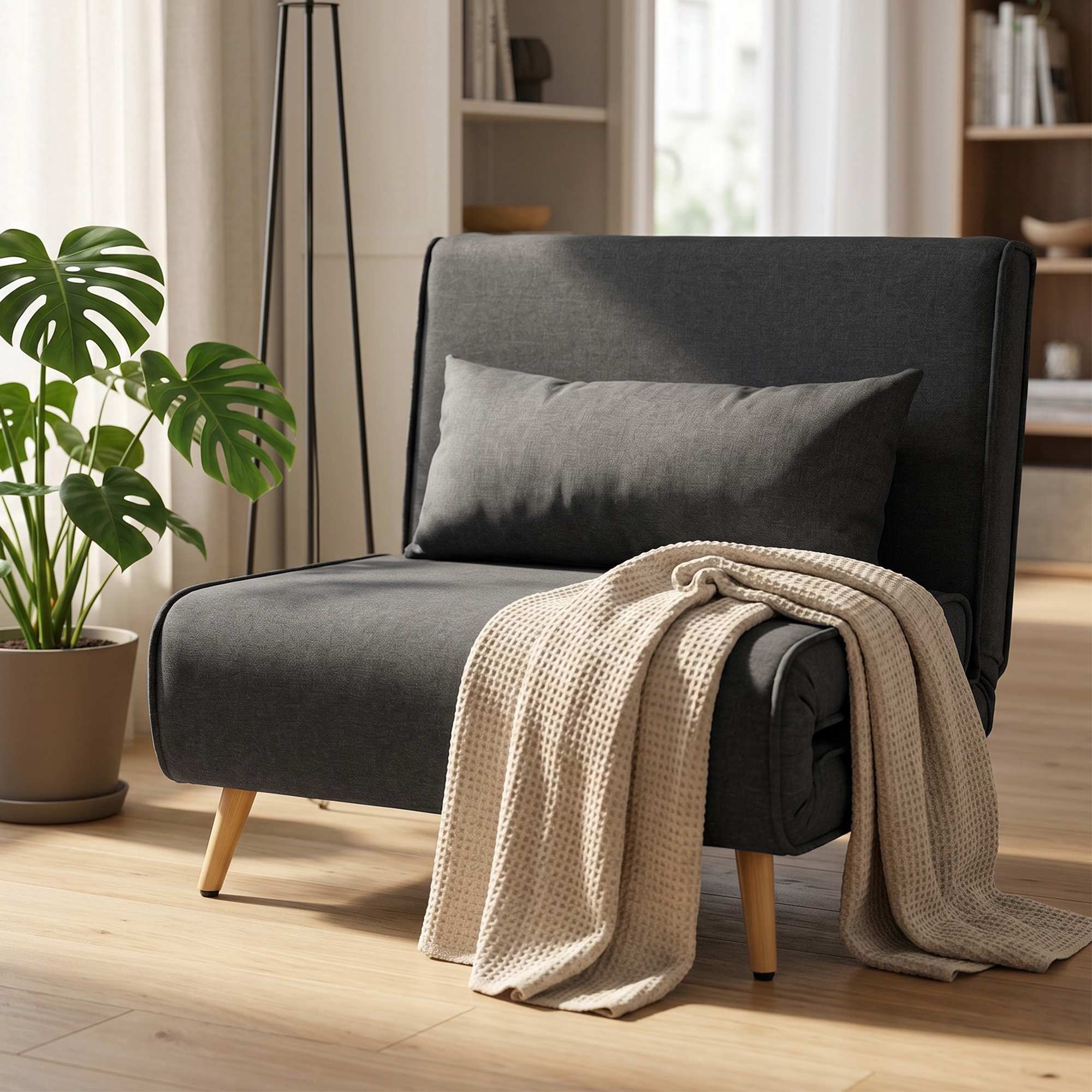 Konvertibel sovfåtölj, linne-look, grå, 3 positioner