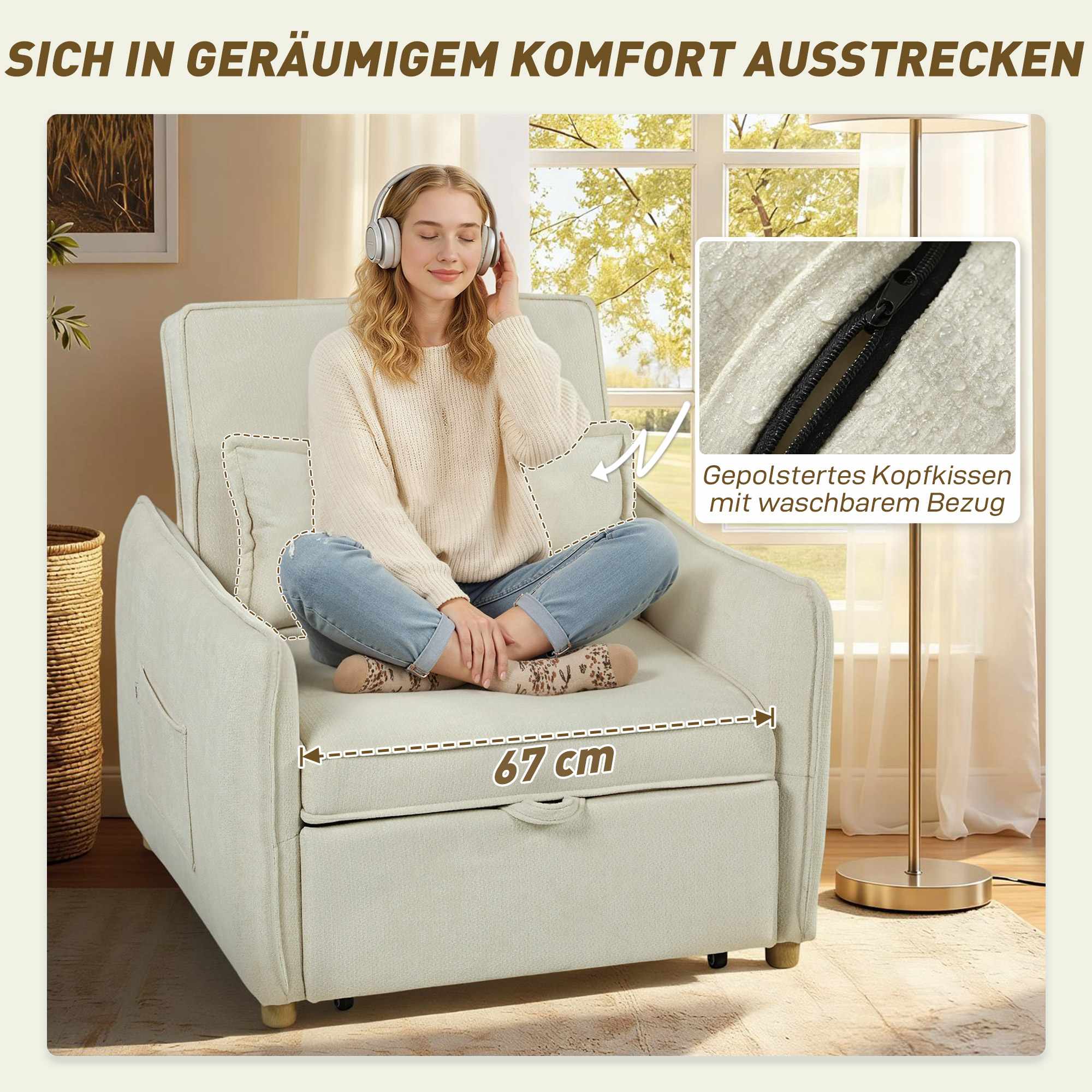 Konvertibel sovfåtölj med sängfunktion, krämfärgad, 3-i-1
