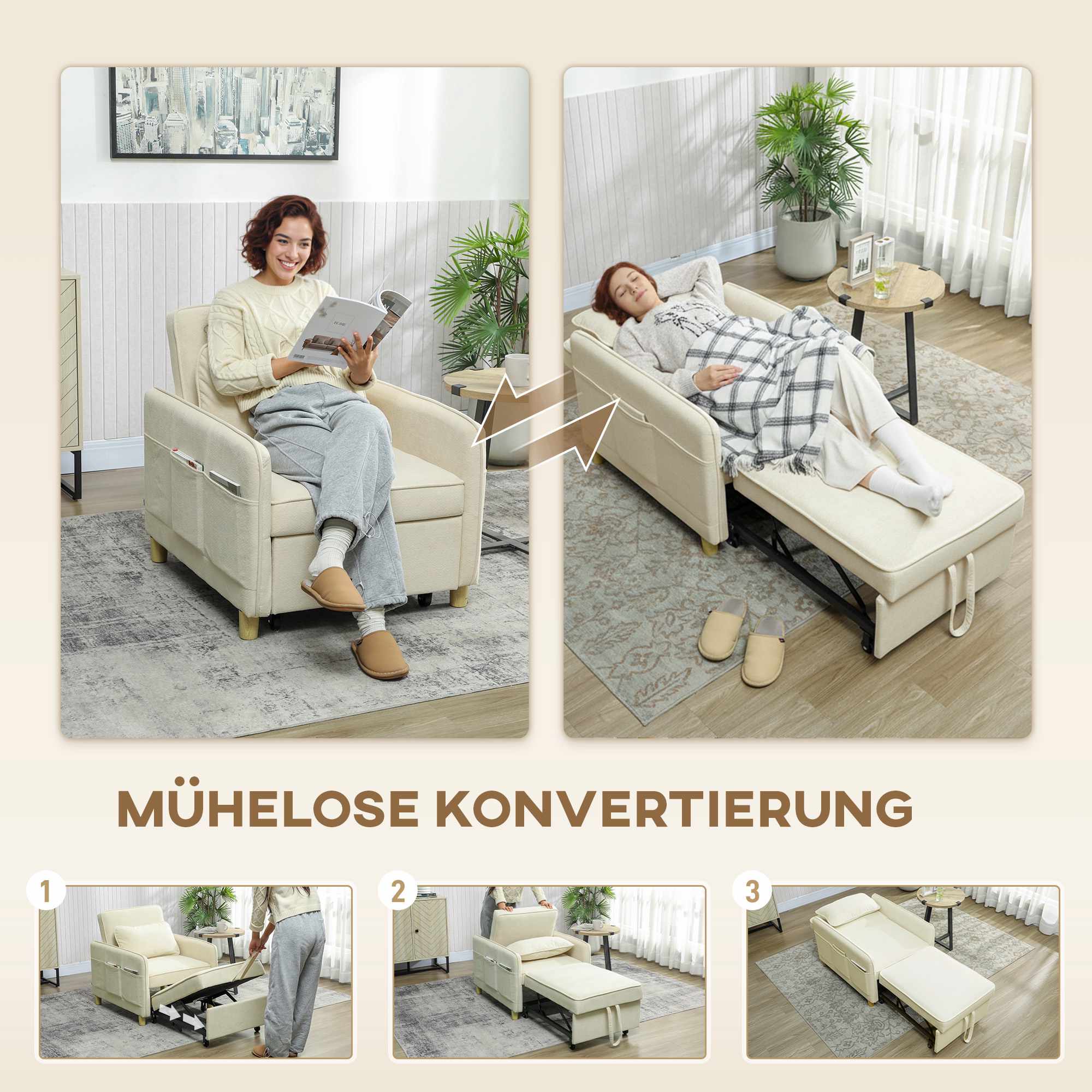 Konvertibel sovfåtölj, skumstoppning, beige tyg