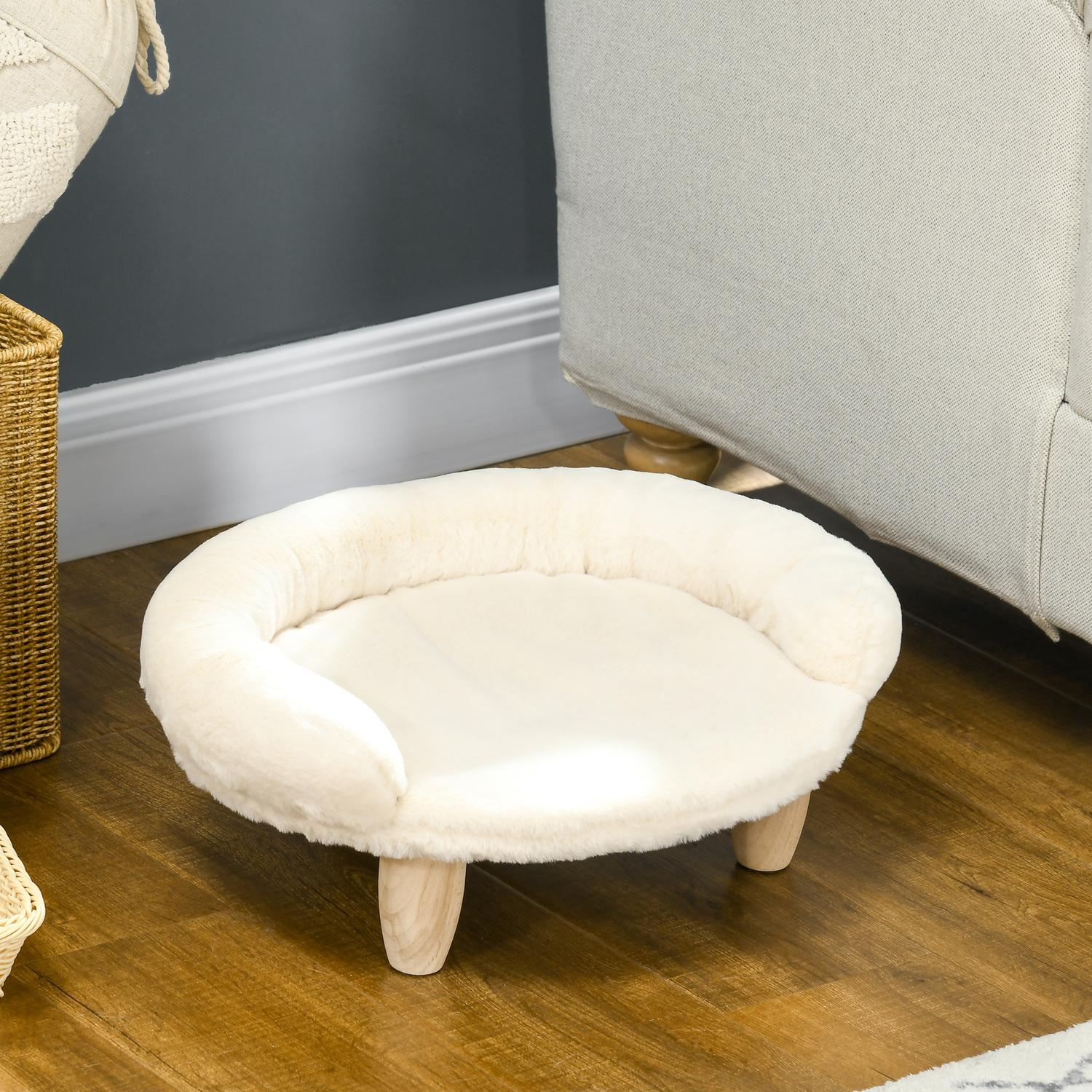 Krämfärgad flanellsoffa för husdjur, förhöjd hund- och kattsoffa, träben