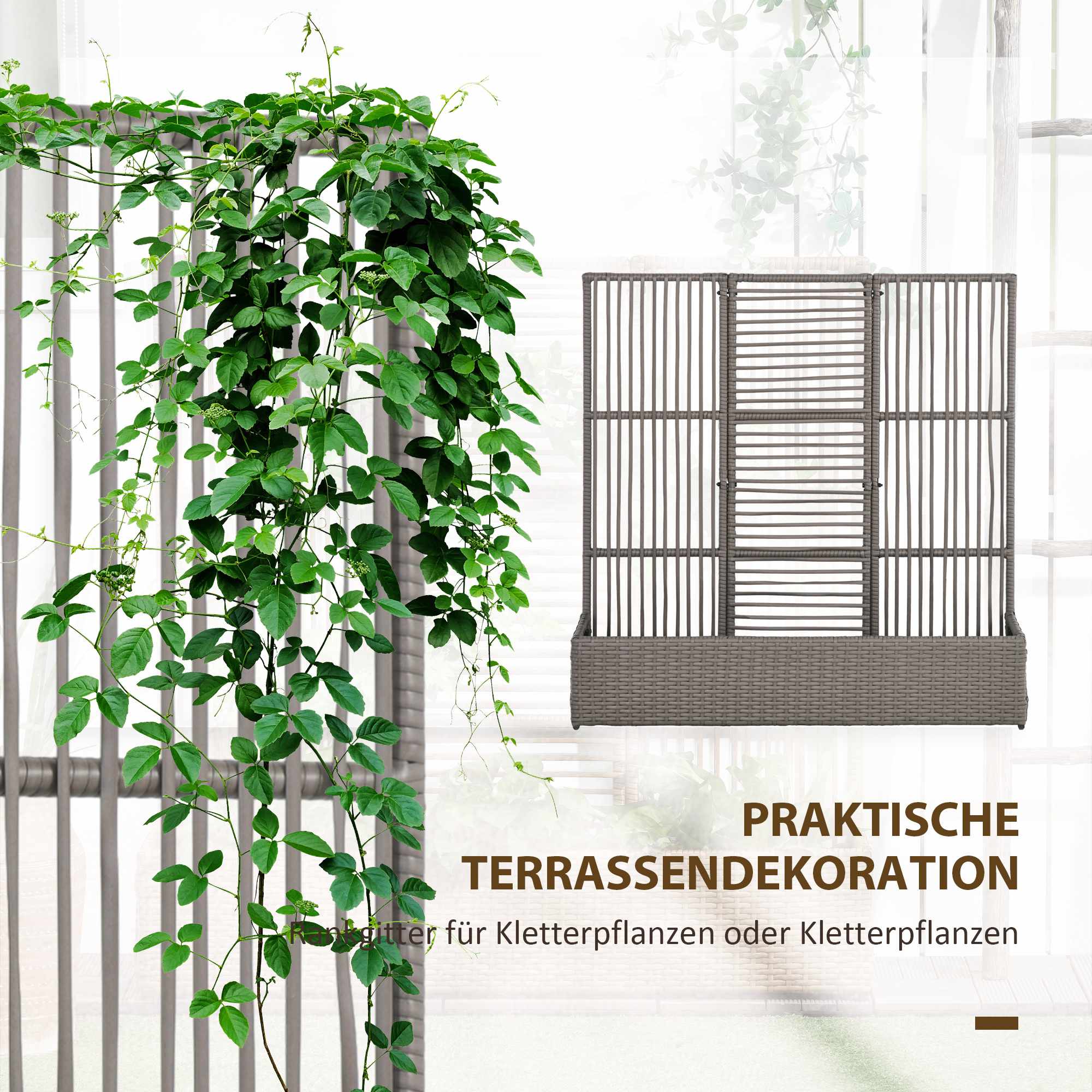 Kruklåda med spaljé, väderbeständig, polyrotting, 103x29x103 cm, grå