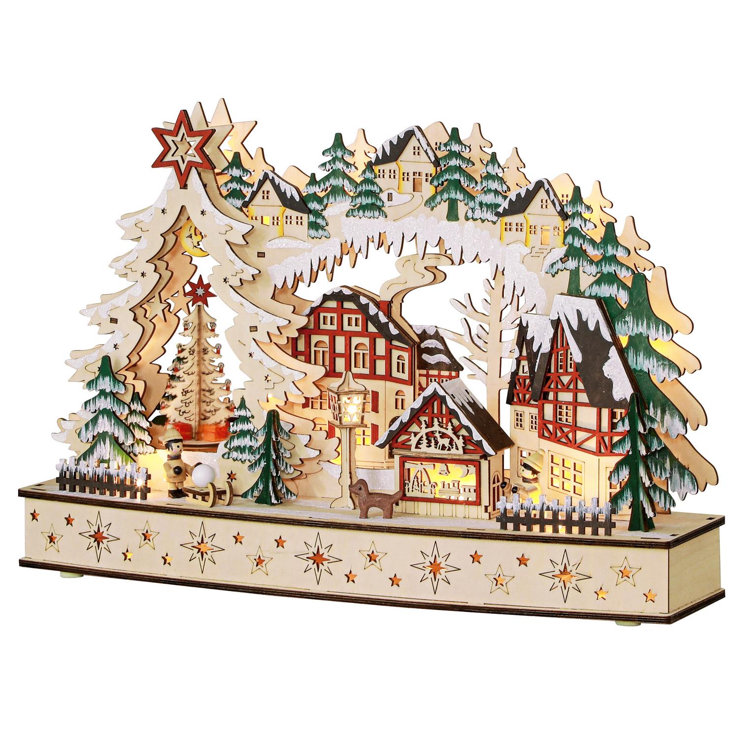LED-Lit Wooden Christmas Village – 20 st ljus, 45x12x30 cm