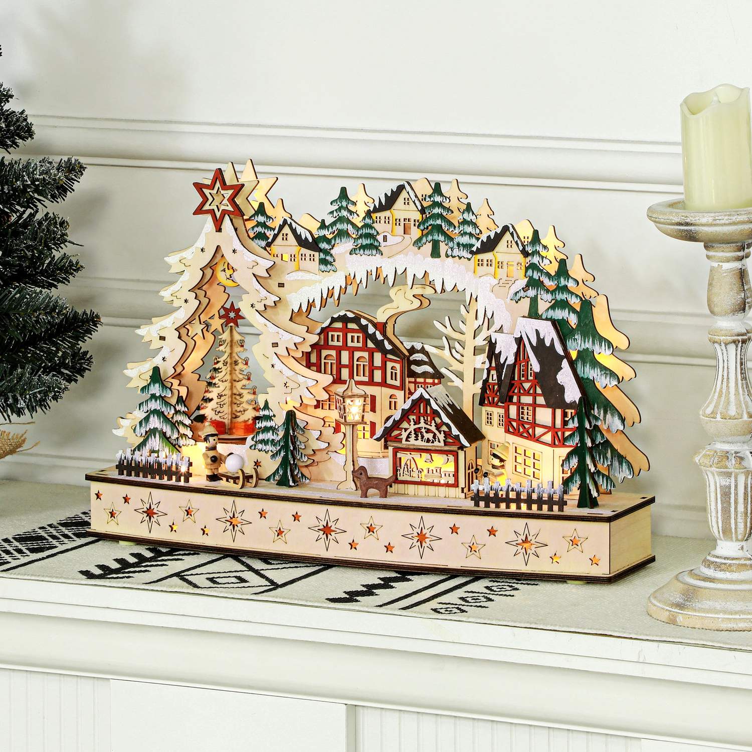 LED-Lit Wooden Christmas Village – 20 st ljus, 45x12x30 cm