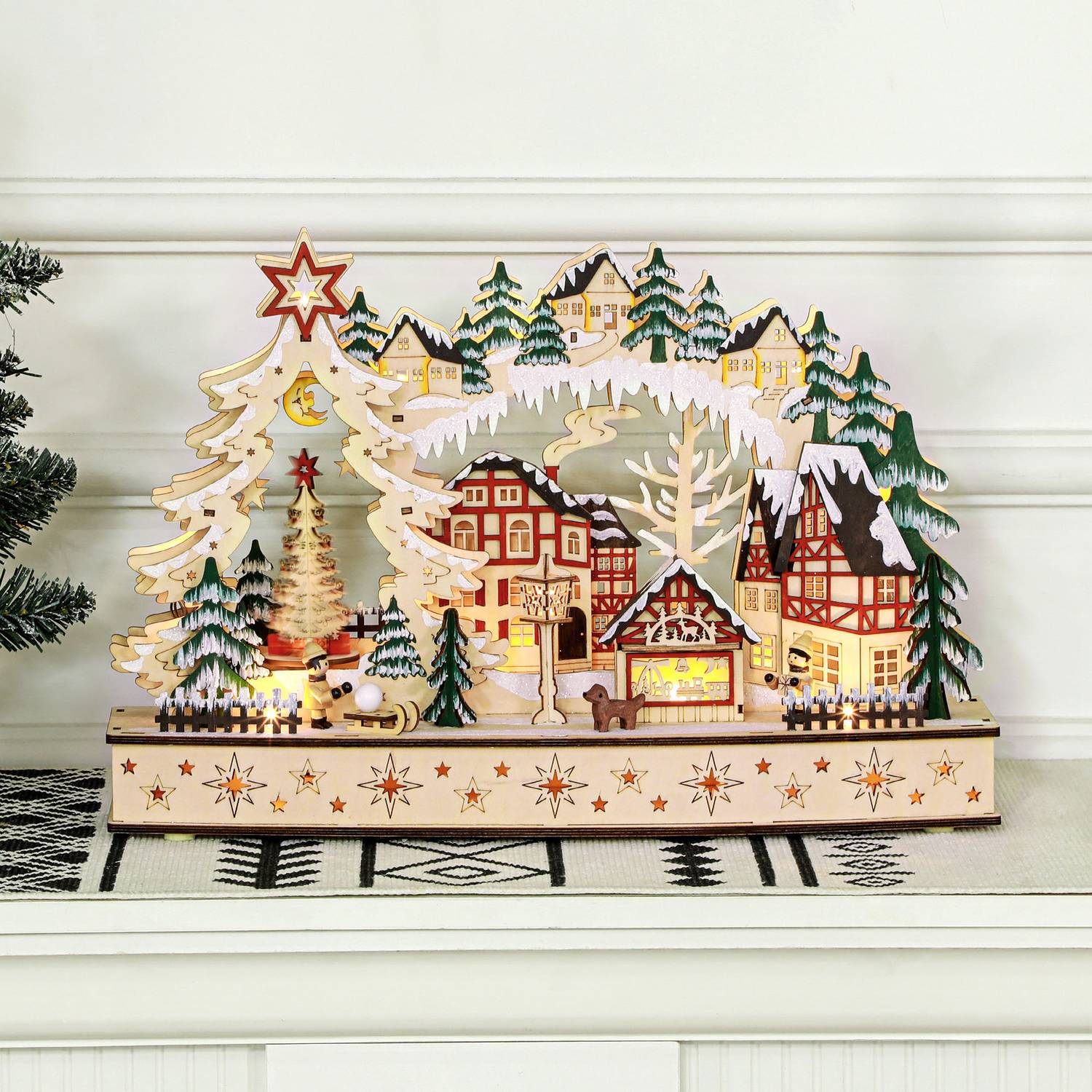 LED-Lit Wooden Christmas Village – 20 st ljus, 45x12x30 cm
