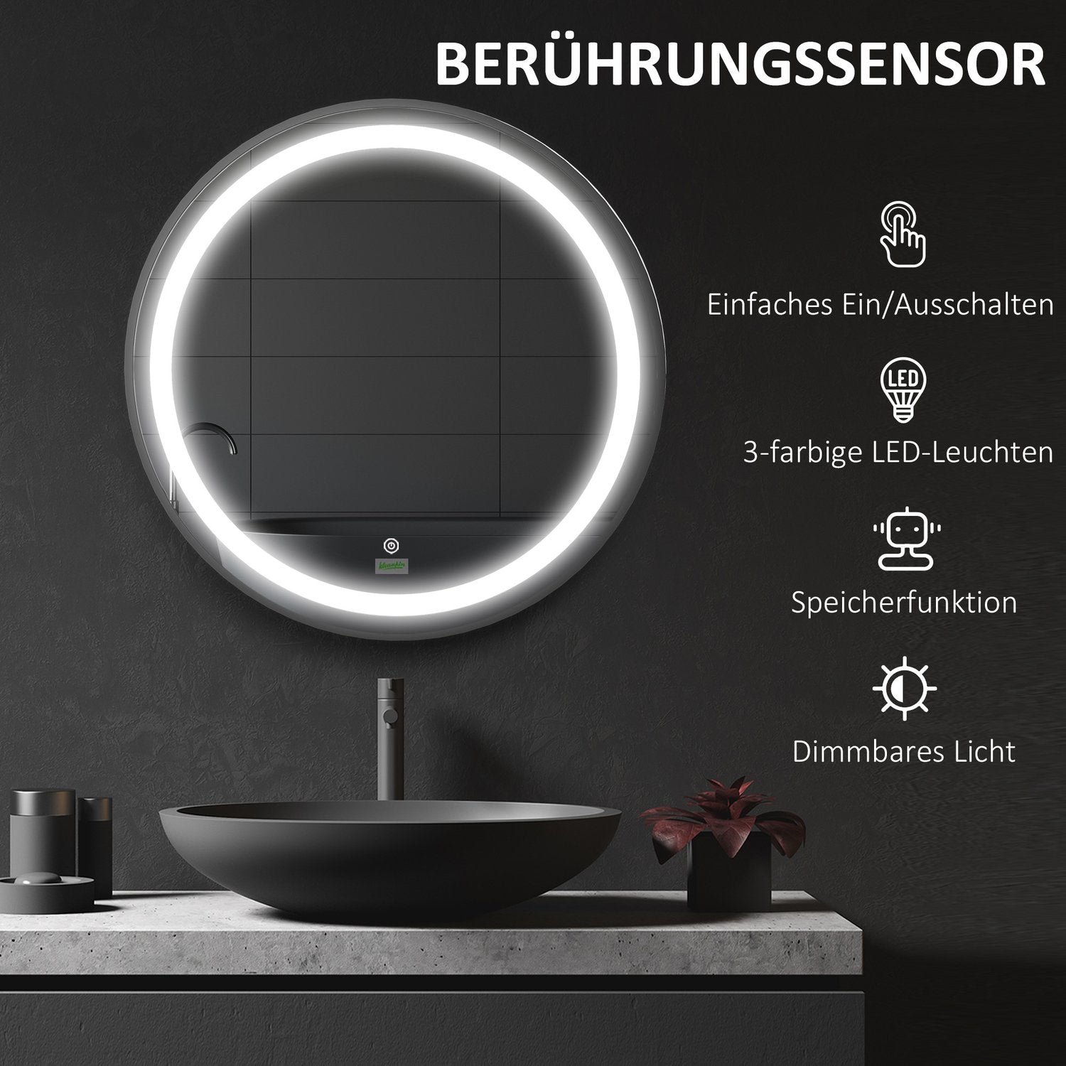 LED badrumsspegel – 60 cm, Touch & Memory, Svart, IP44-klassning