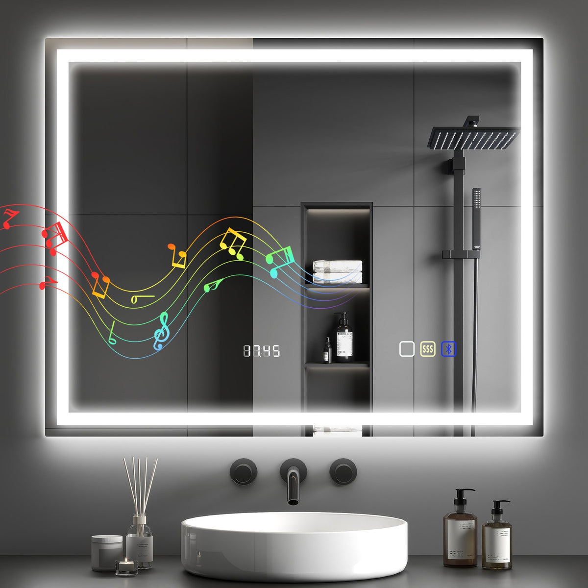 LED-baderomsspeil, Bluetooth, 80 x 100 cm, berøringsskjerm
