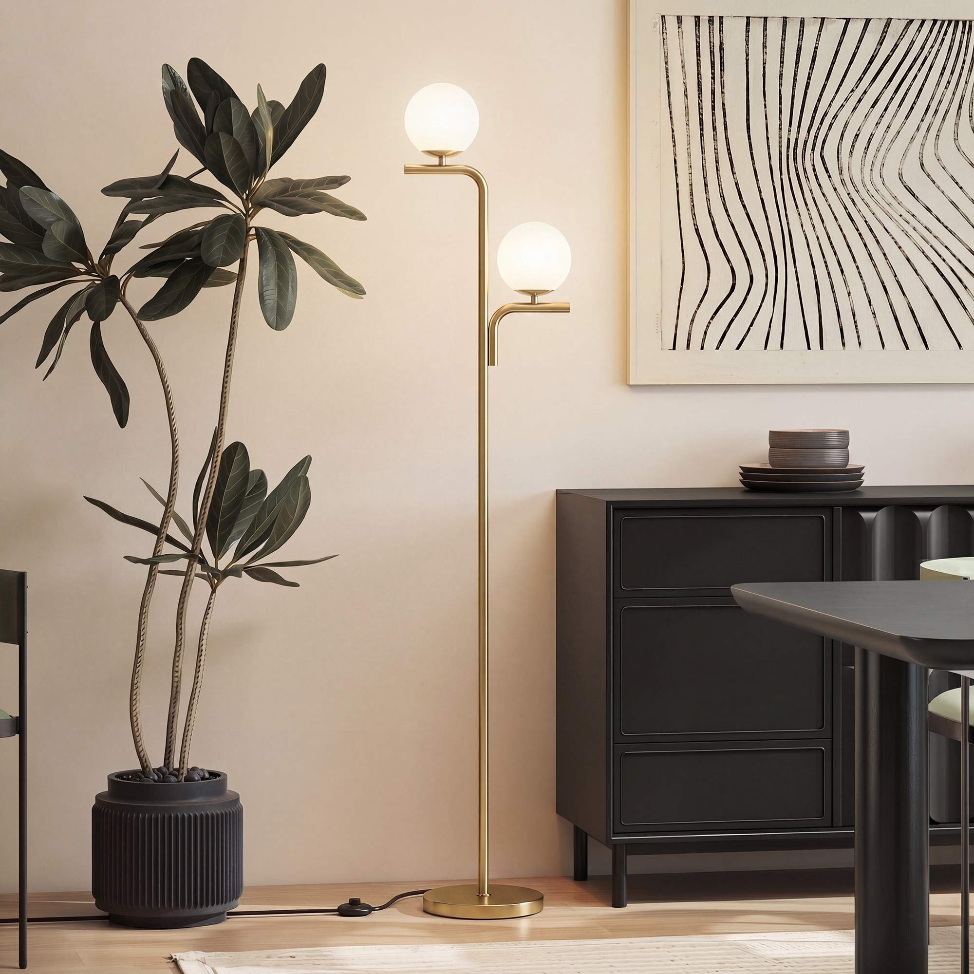 LED-golvlampa, 3 färgtemperaturer, glaskulor, guld