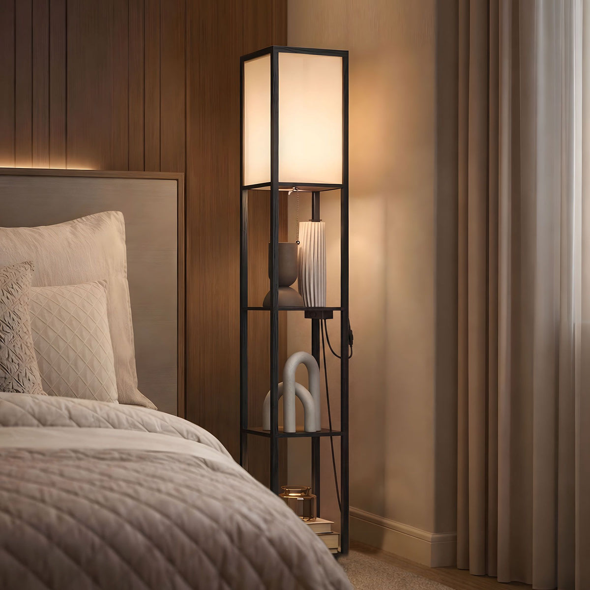 LED-gulvlampe med 3 hyller, dimbar, USB, stikkontakt, svart