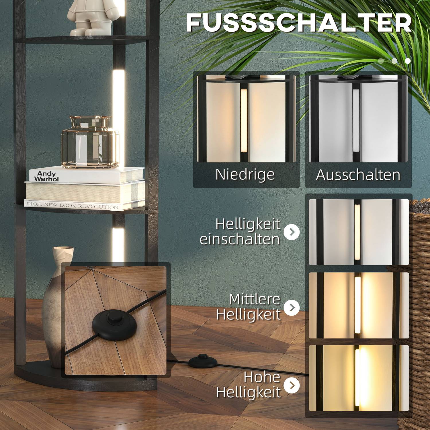 LED-golvlampa med hyllor, E27-sockel, 3 ljusfärger