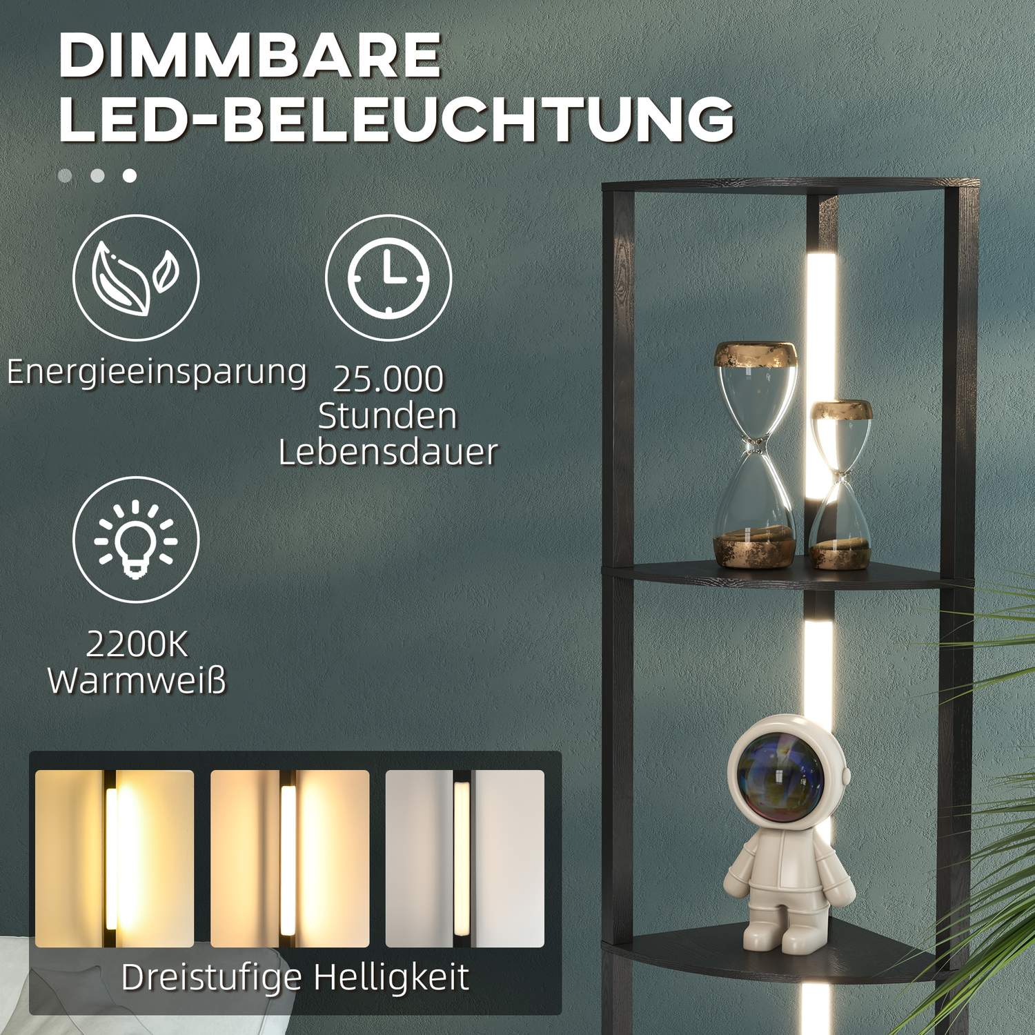 LED-golvlampa med hyllor, E27-sockel, 3 ljusfärger