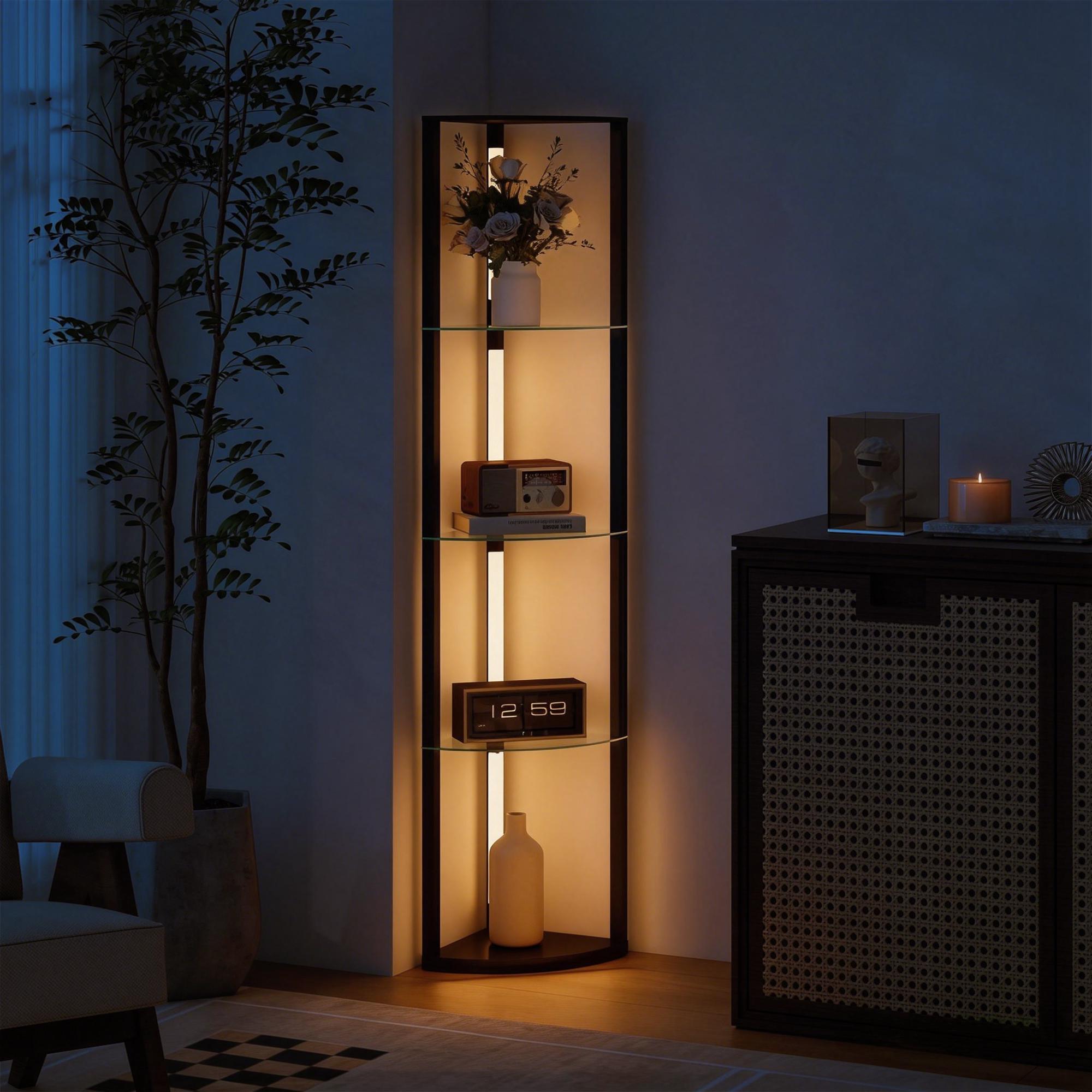 LED-golvlampa med hyllor, justerbar ljusstyrka, svart