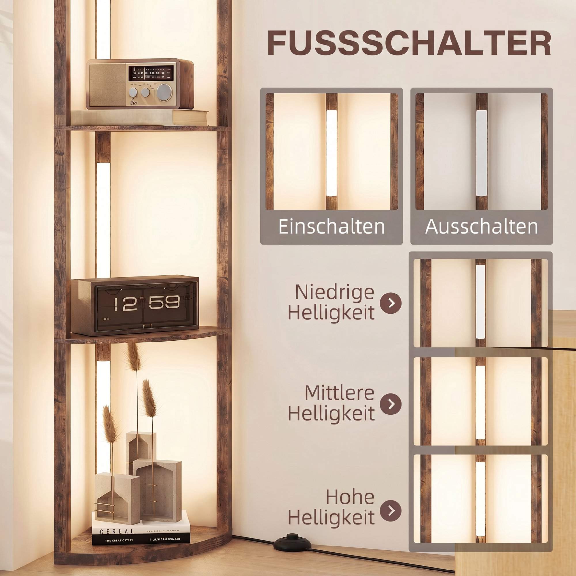 LED-golvlampa med hyllor, rustik brun, fotpedal, dimbar