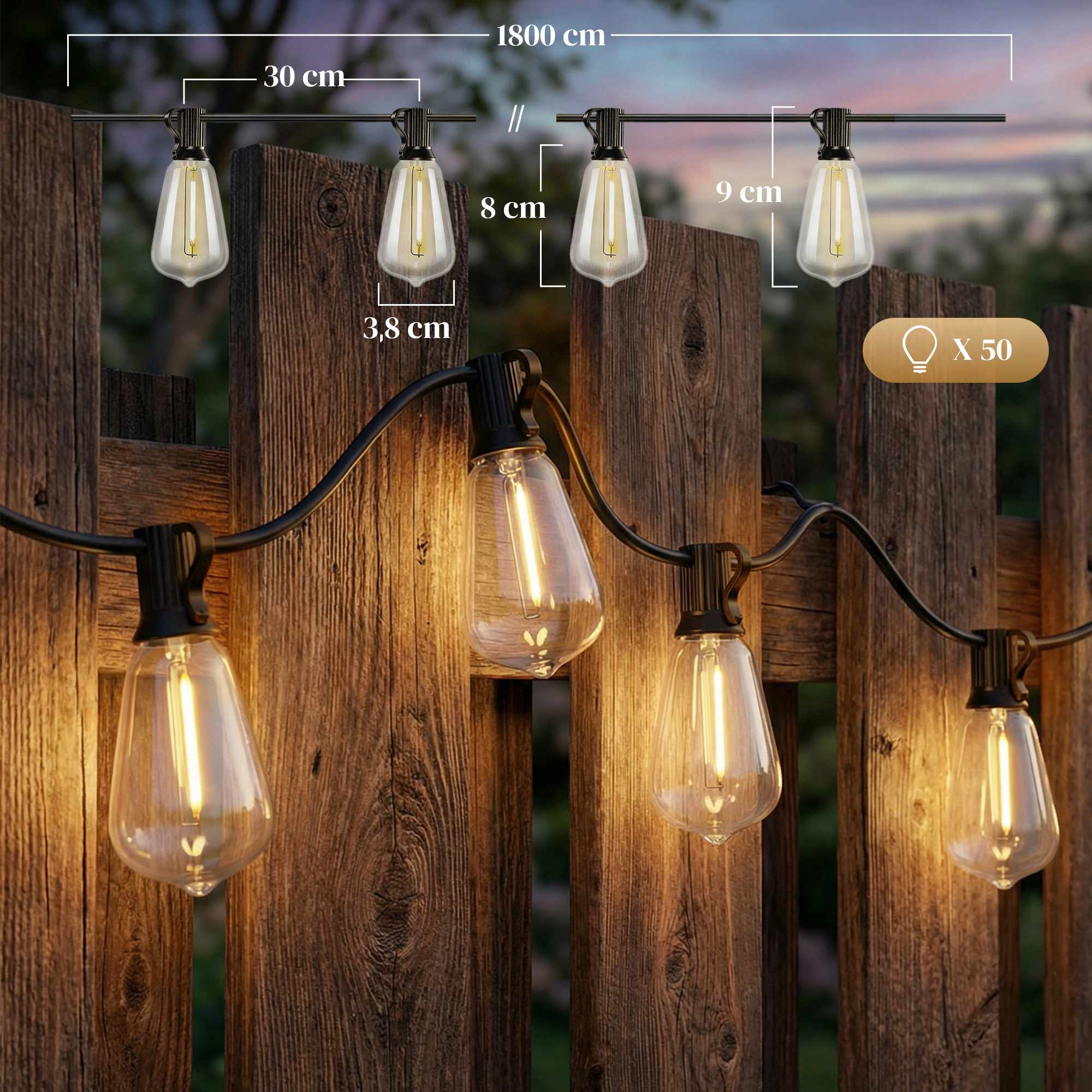 LED-ljusslinga, 18m, 50 vintage Edison-lampor, varmvit