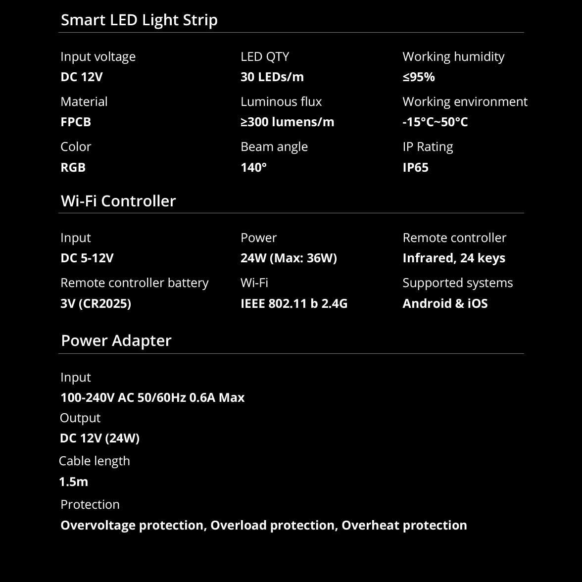 LED-remsa intelligent vattentät RGB-remsa fjärrkontroll WiFi strömförsörjning 2m