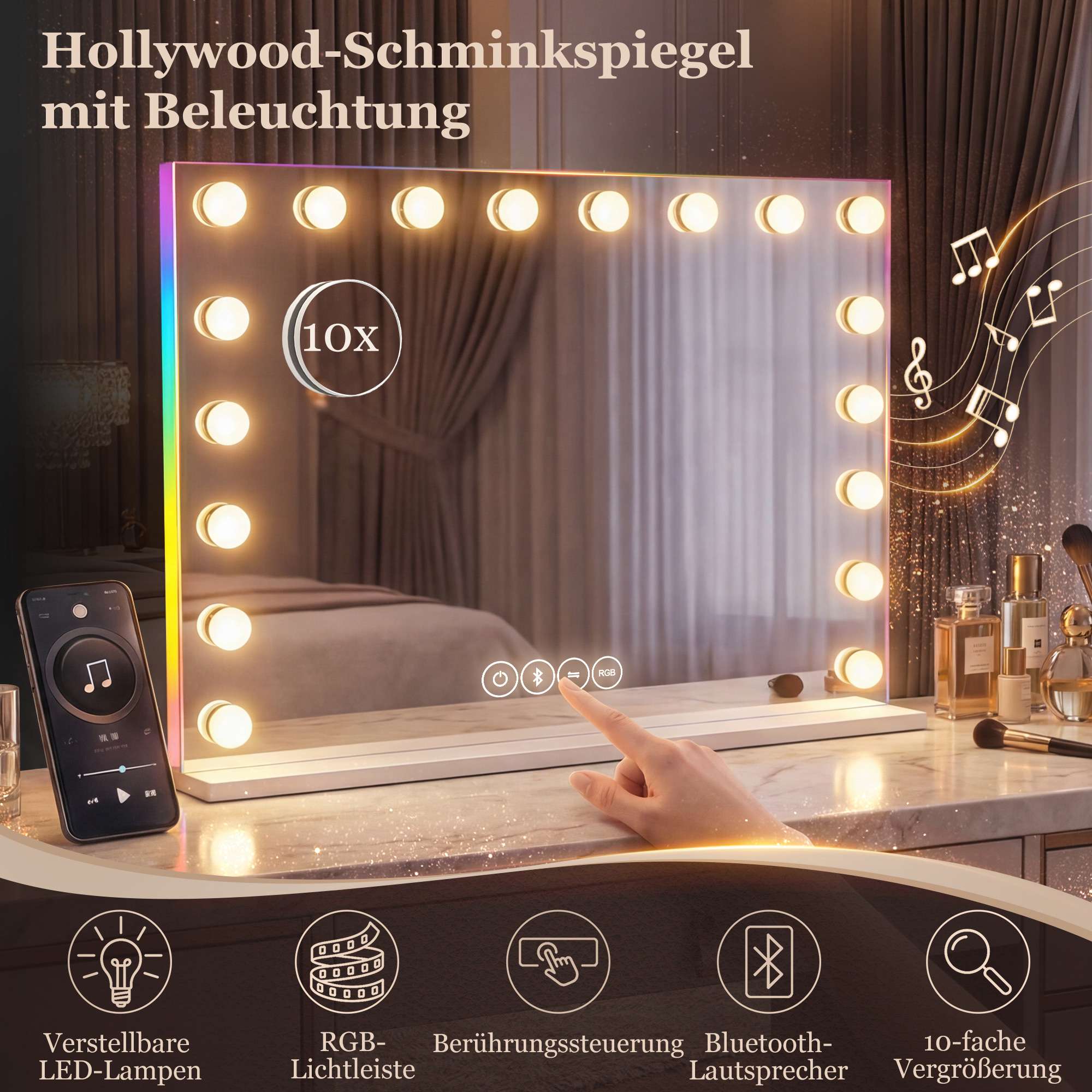 LED-sminkspegel med Bluetooth, RGB, 10x förstoring