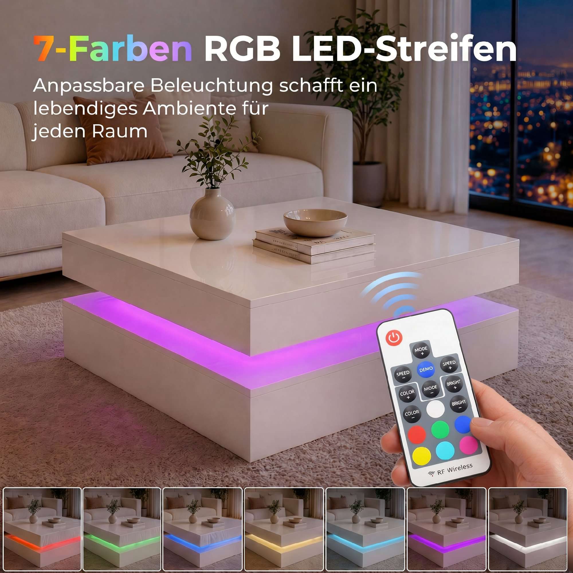 LED-soffbord med förvaring, 2 nivåer, högblank vit