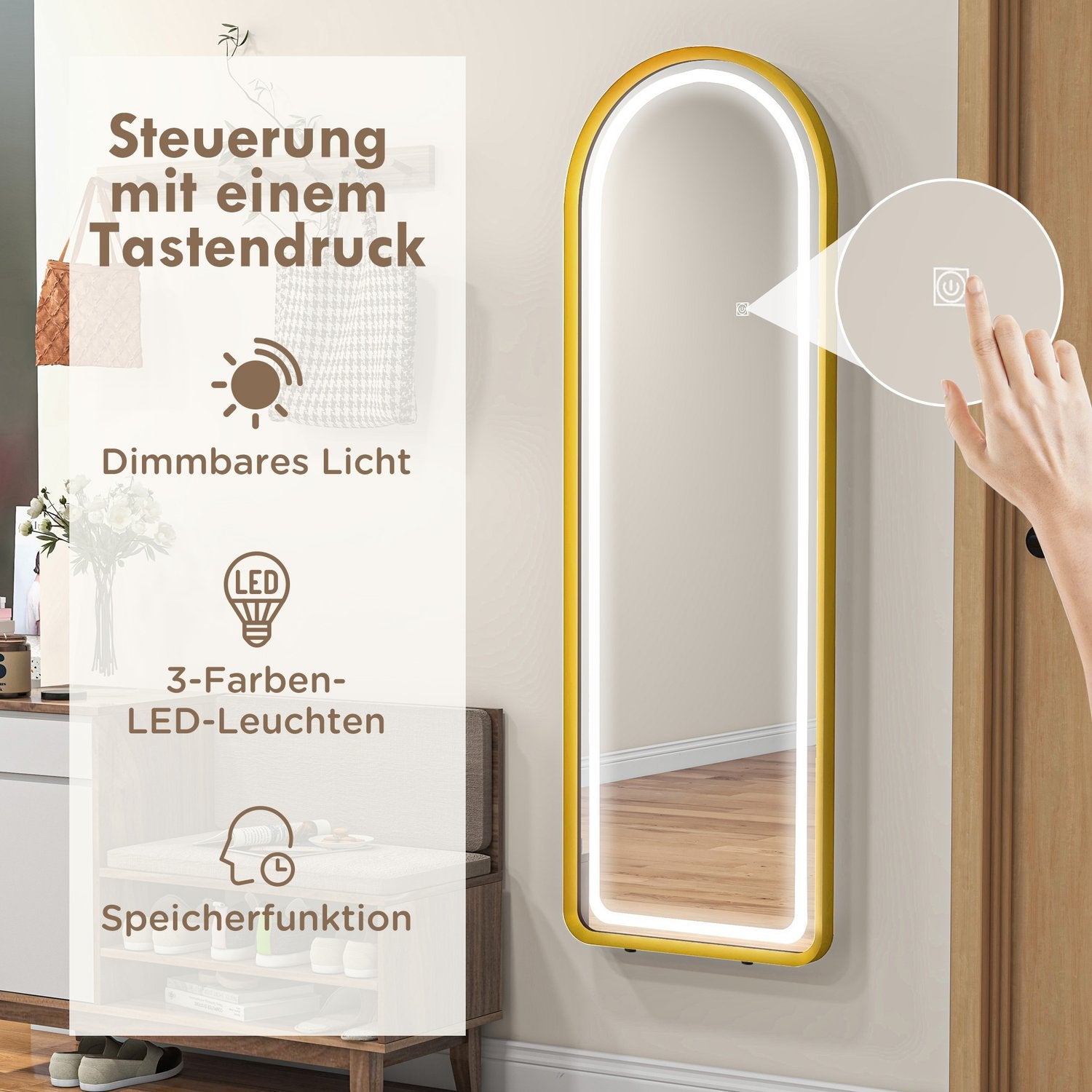 LED-spegel i full längd, dimbar garderobsspegel, Touch Switch, guld