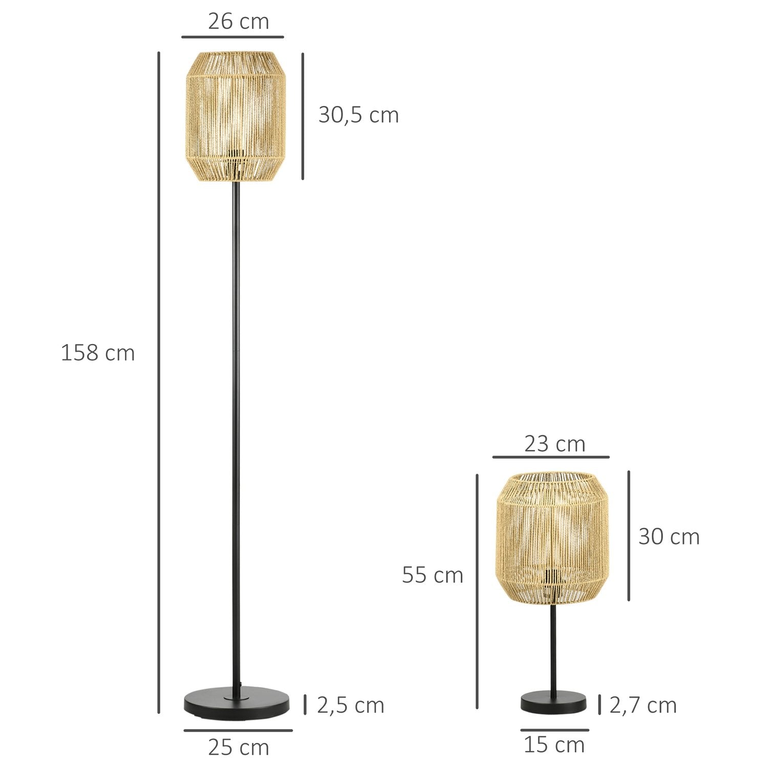 Lampesett på 2 med gulv- og bordlampe, E27-sokkel, lin-lampeskjerm, til stuen, naturlig