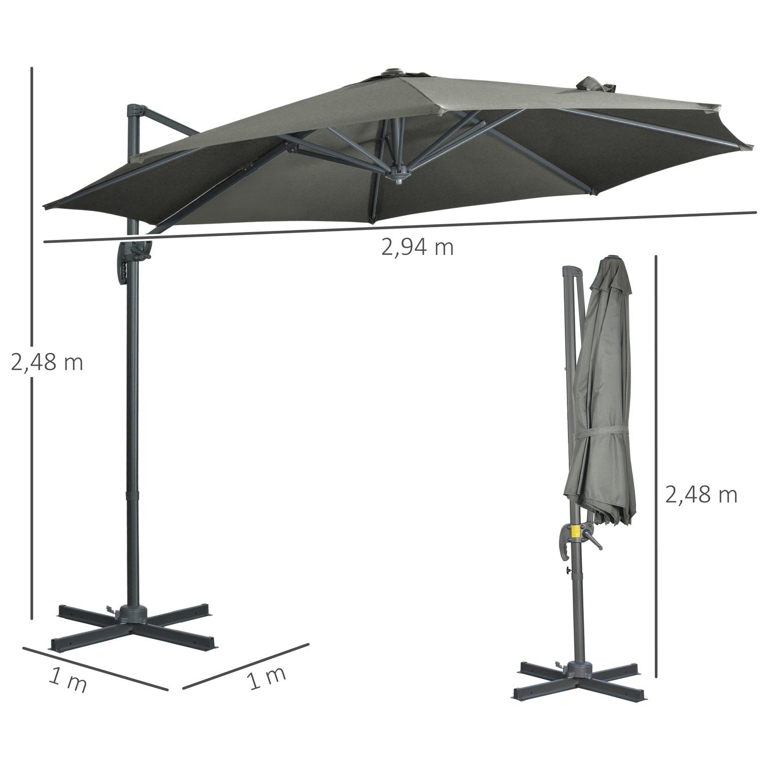 Parasoll 294X294Cm Roterende Cantilever paraply med paraplystativ, sveiv, aluminium, for hage/balkong, grå