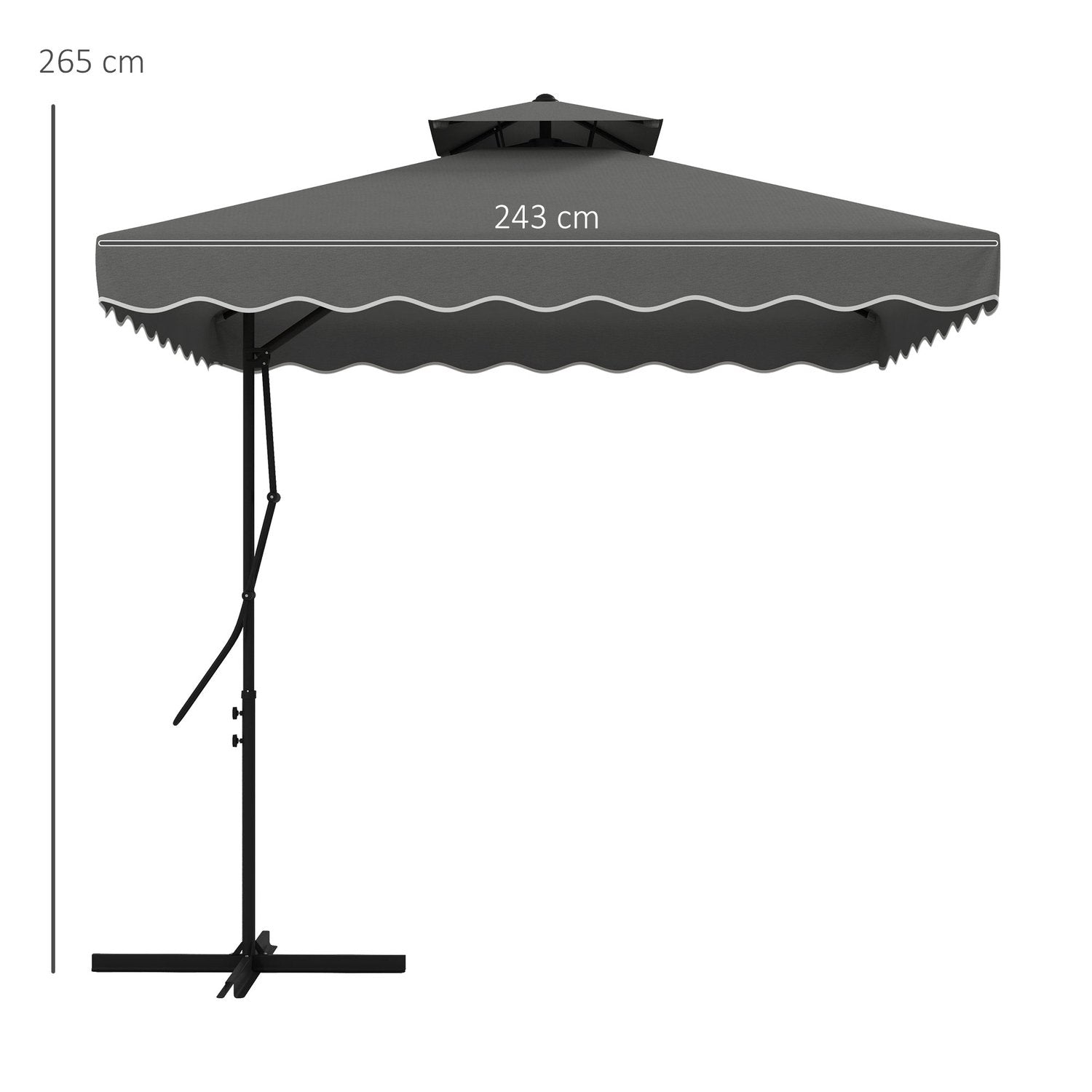 Parasoll 243X243Cm Balkongparaply med UV-beskyttelse, utkragende paraply med dobbelttak og kryssbase, volanger, 4 stivere, mørkegrå