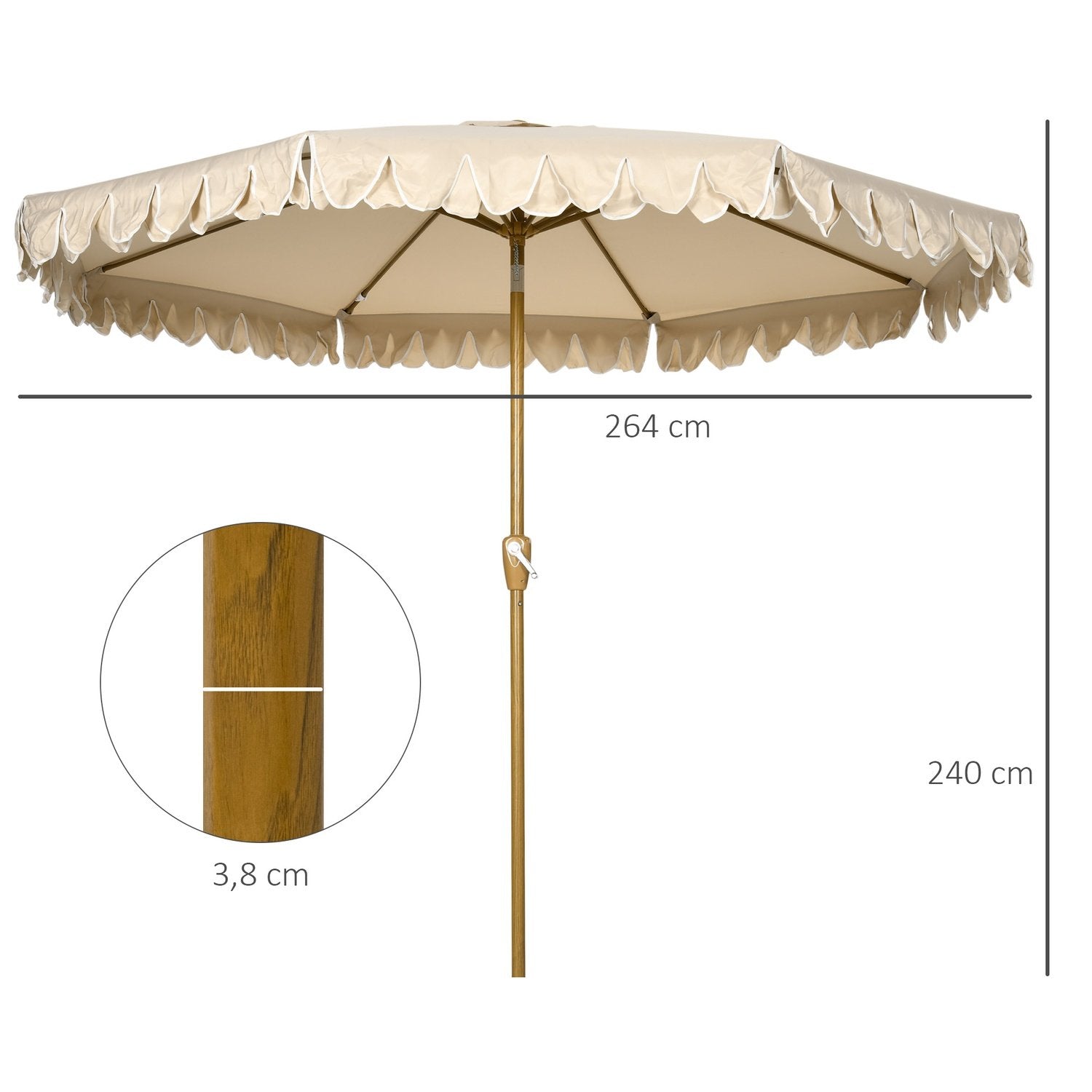 Parasoll Diameter 265 Cm Strandparasoll Med Frynser Uteplass Parasoll Med Justerbar Tilt 8 Støtter For Hage Balkong Khaki