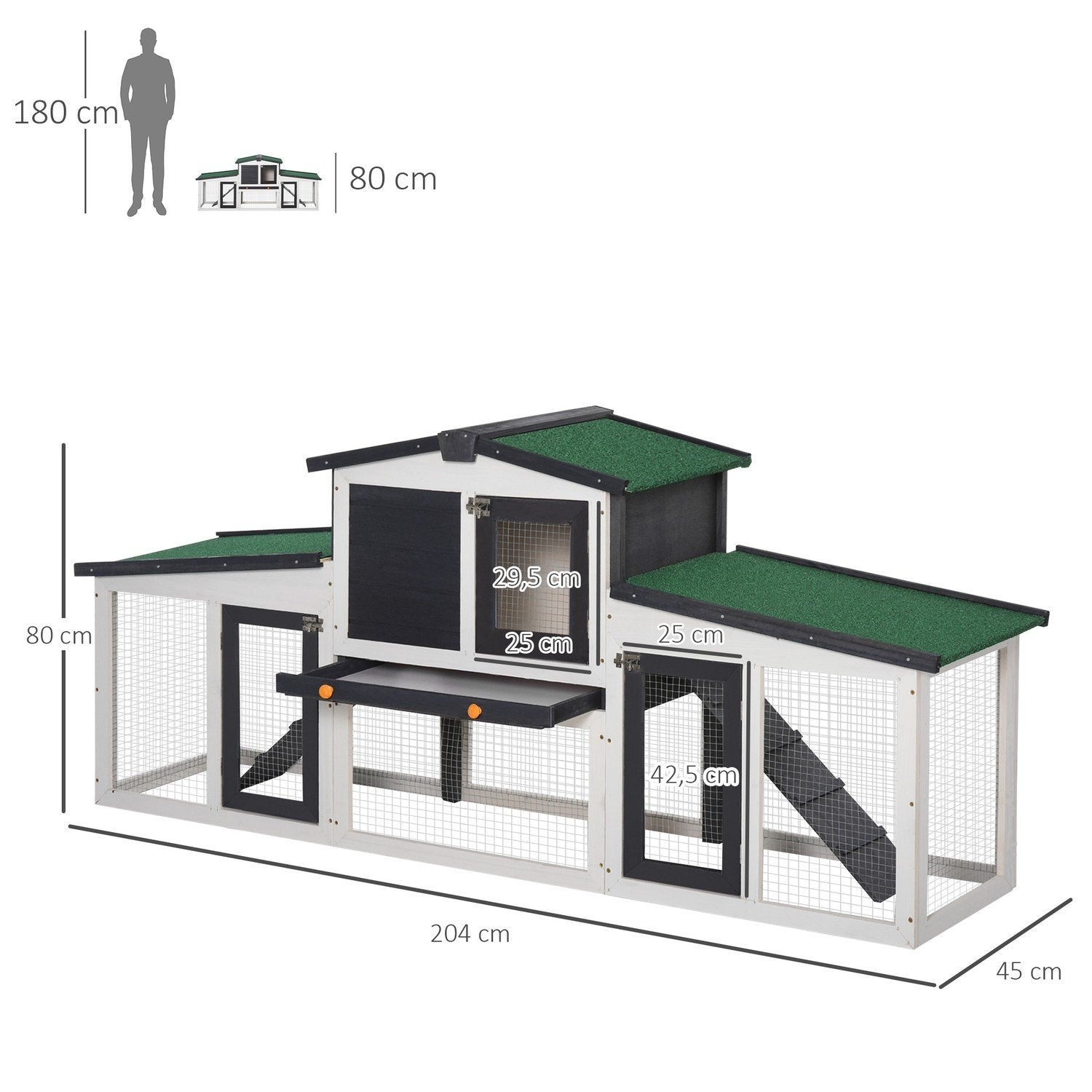 Smådyrbur Smådyrbur 204 X 45 X 80 Cm Dvergkaninbur Med Asfalttak Og Utegjerde Dobbeltdekket Granved Mørkegrå + Hvit