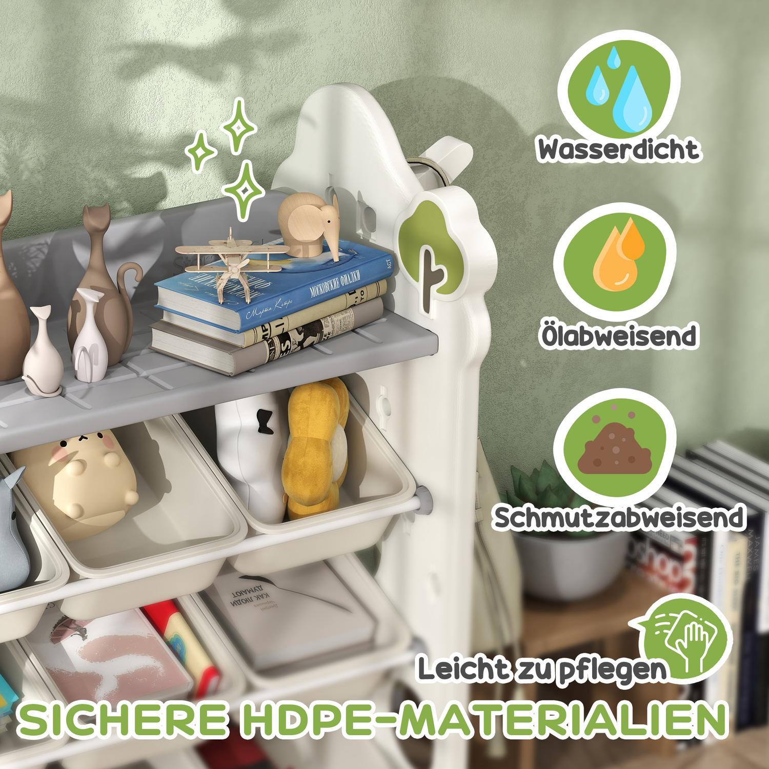 Leksakshylla i 4 våningar för barn, 9 löstagbara papperskorgar, gräddvit