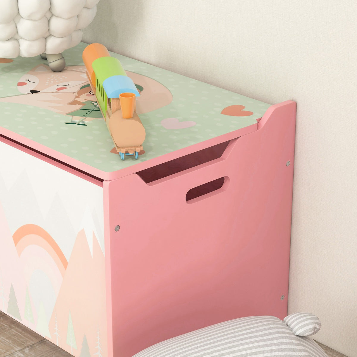 Lekekasse med lokk, sikkerhetshengsel, dyredesign, 60 x 37 x 39 cm, rosa