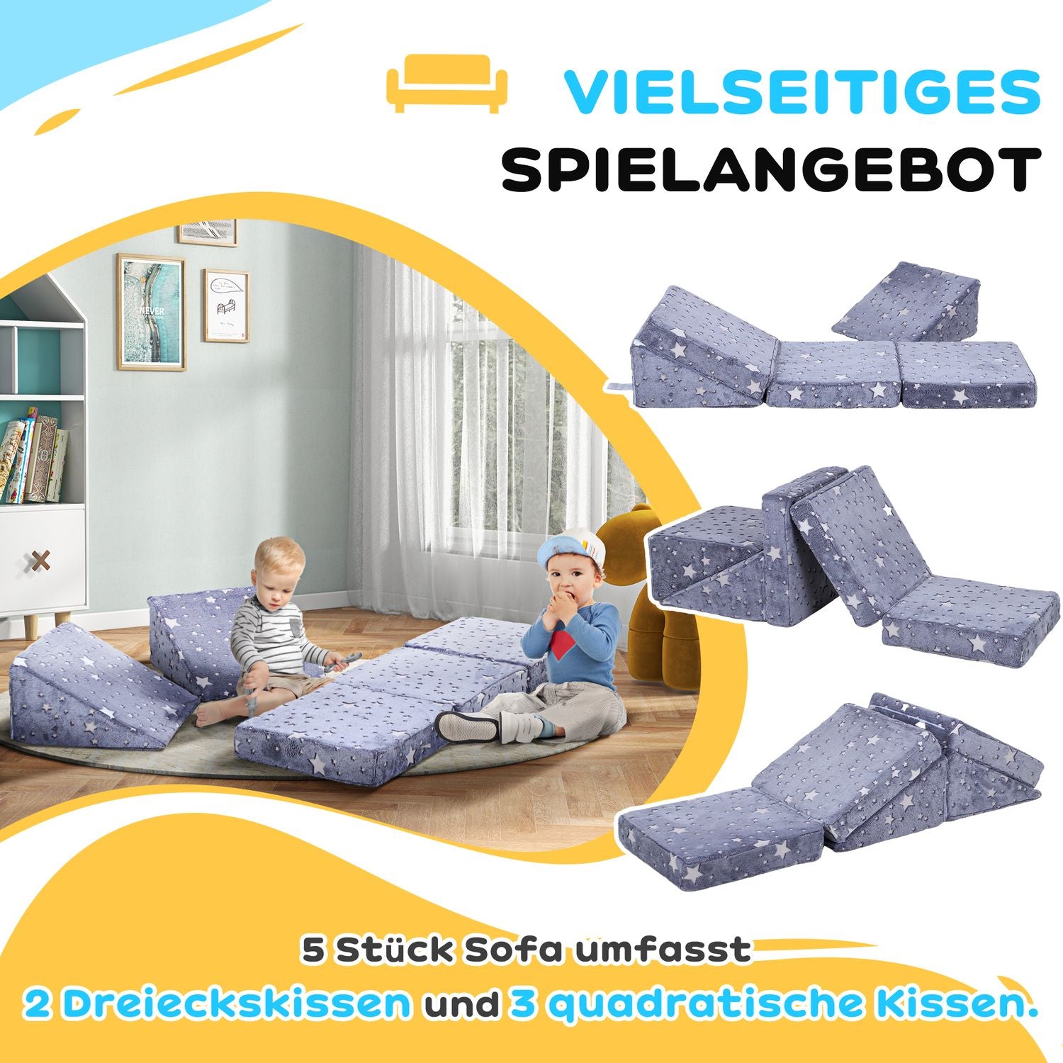 Barnsoffa i skum med liggande, Glow Velvet, Grå, 5-delad