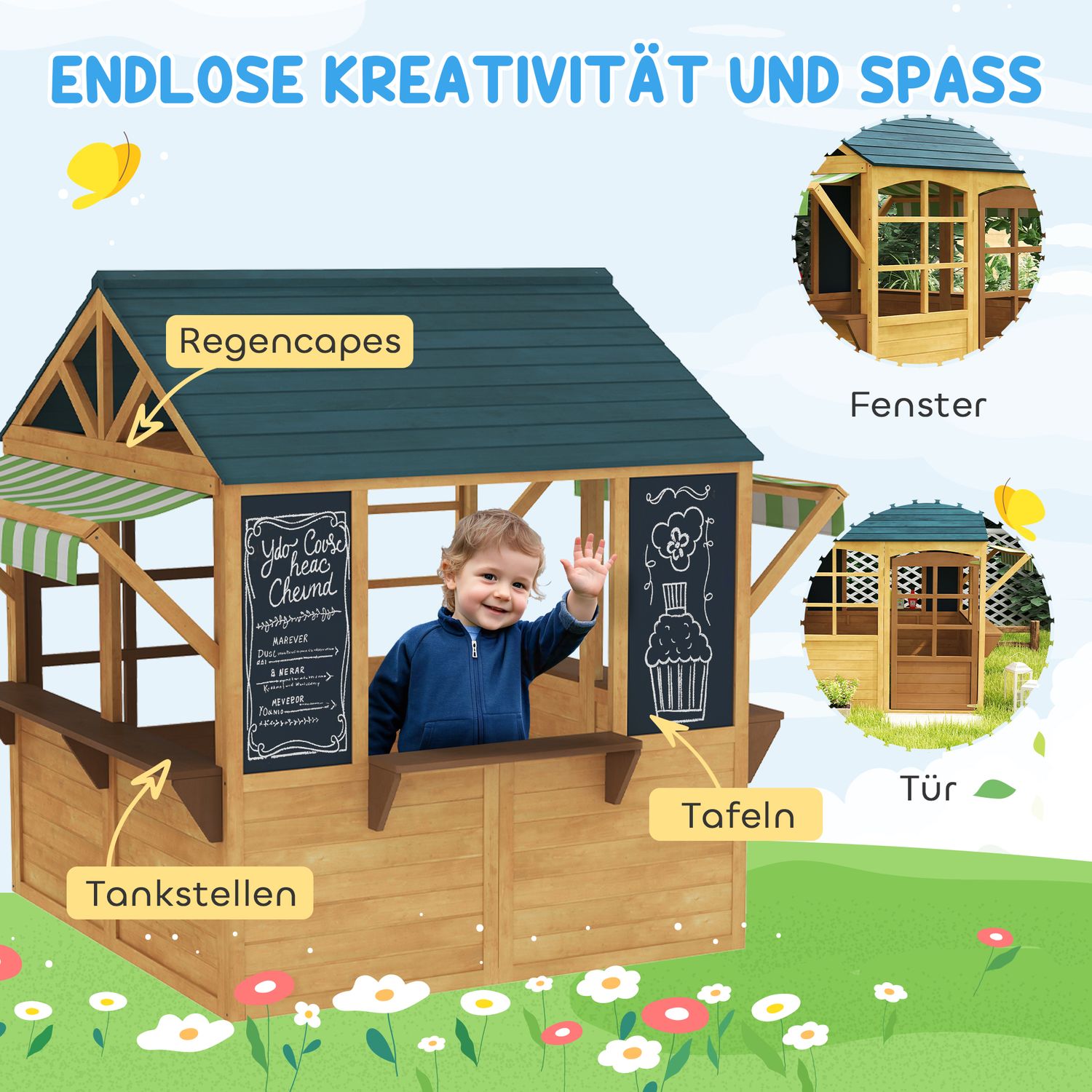 Lekstuga av granträ, hopfällbart hus med fönster, dörr, för barn 3-8 år, brun+blå