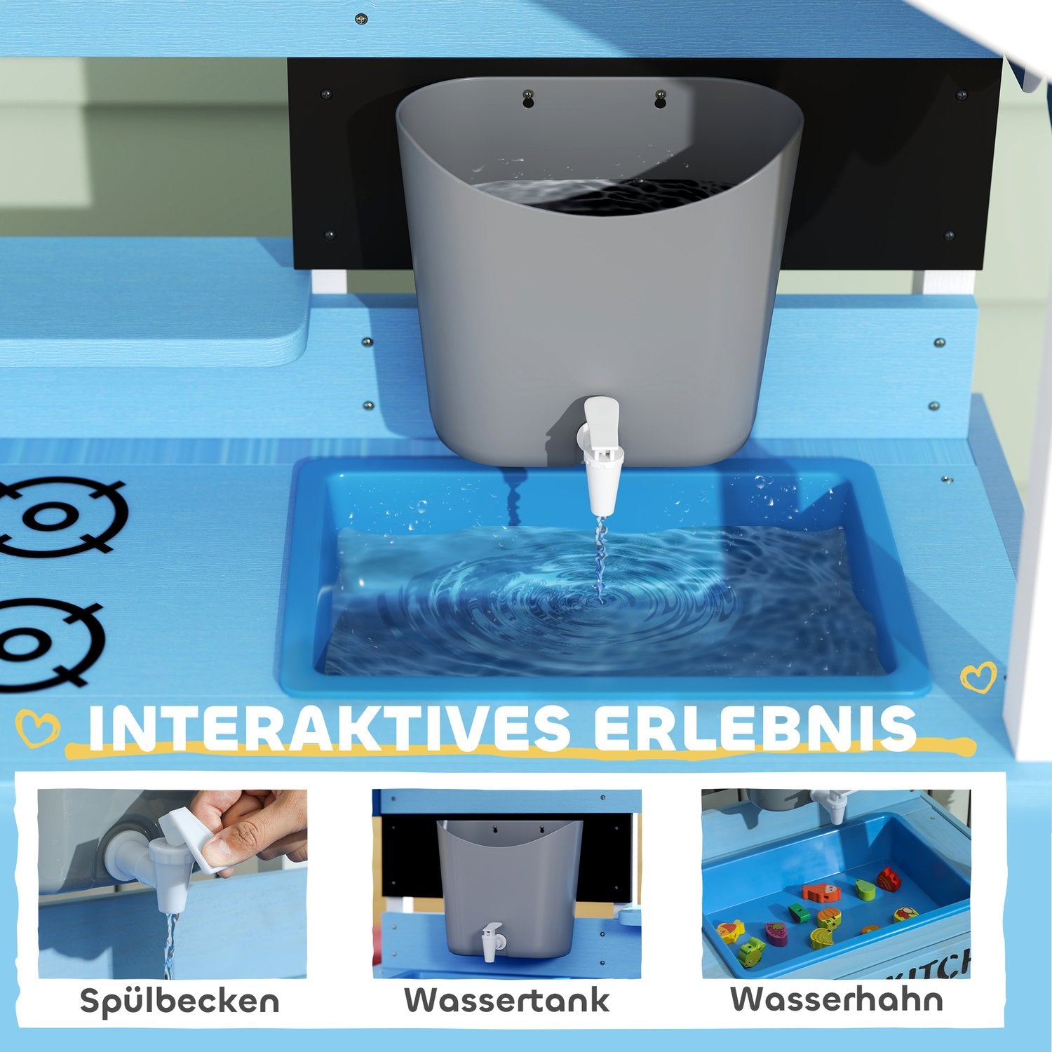 Barns lerkök i trä med spis, diskbänk och hyllor