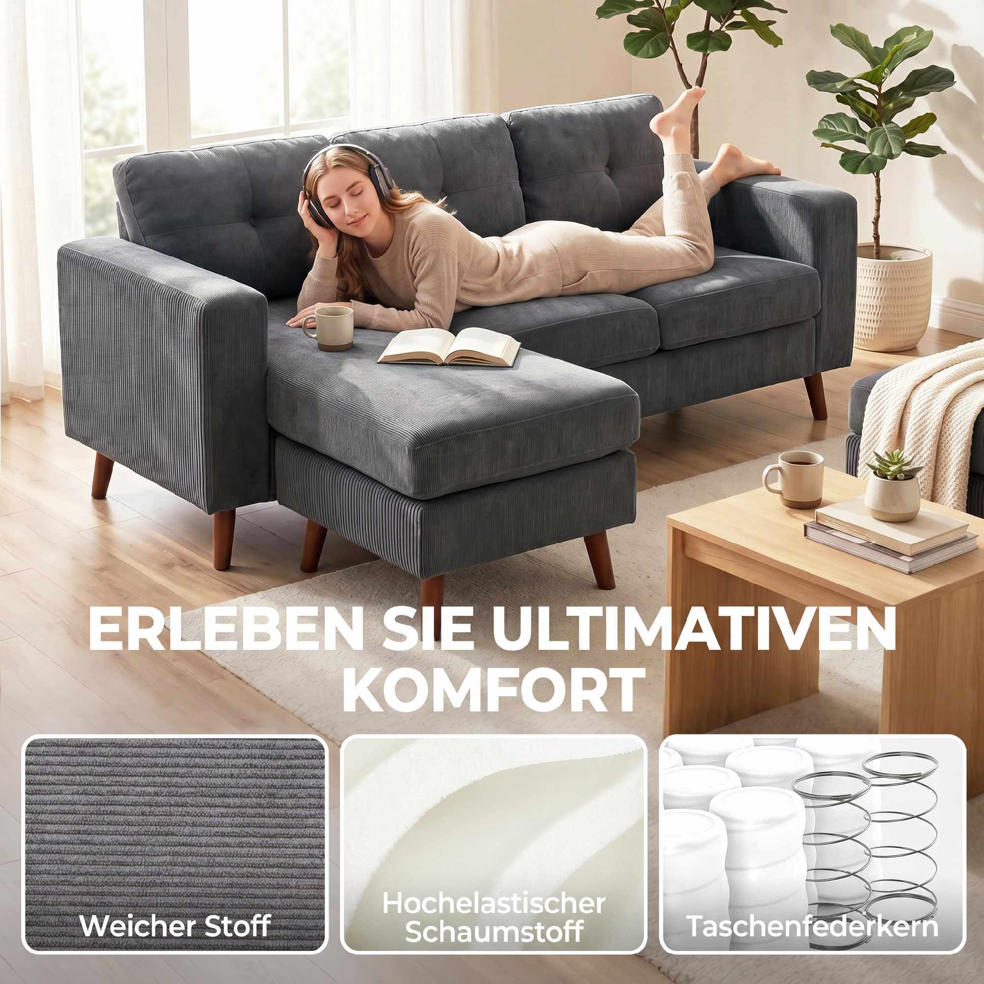 L-formad 3-sitssoffa med vändbar schäslong, mörkgrå