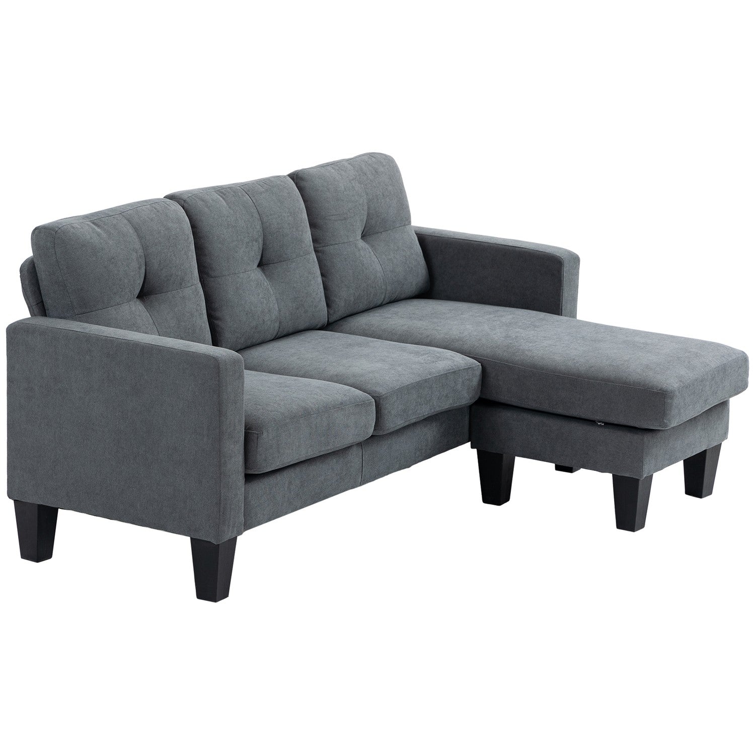 L-formet hjørnesofa med sjeselong som kan festes på hver side, polstret sofa, mørkegrå