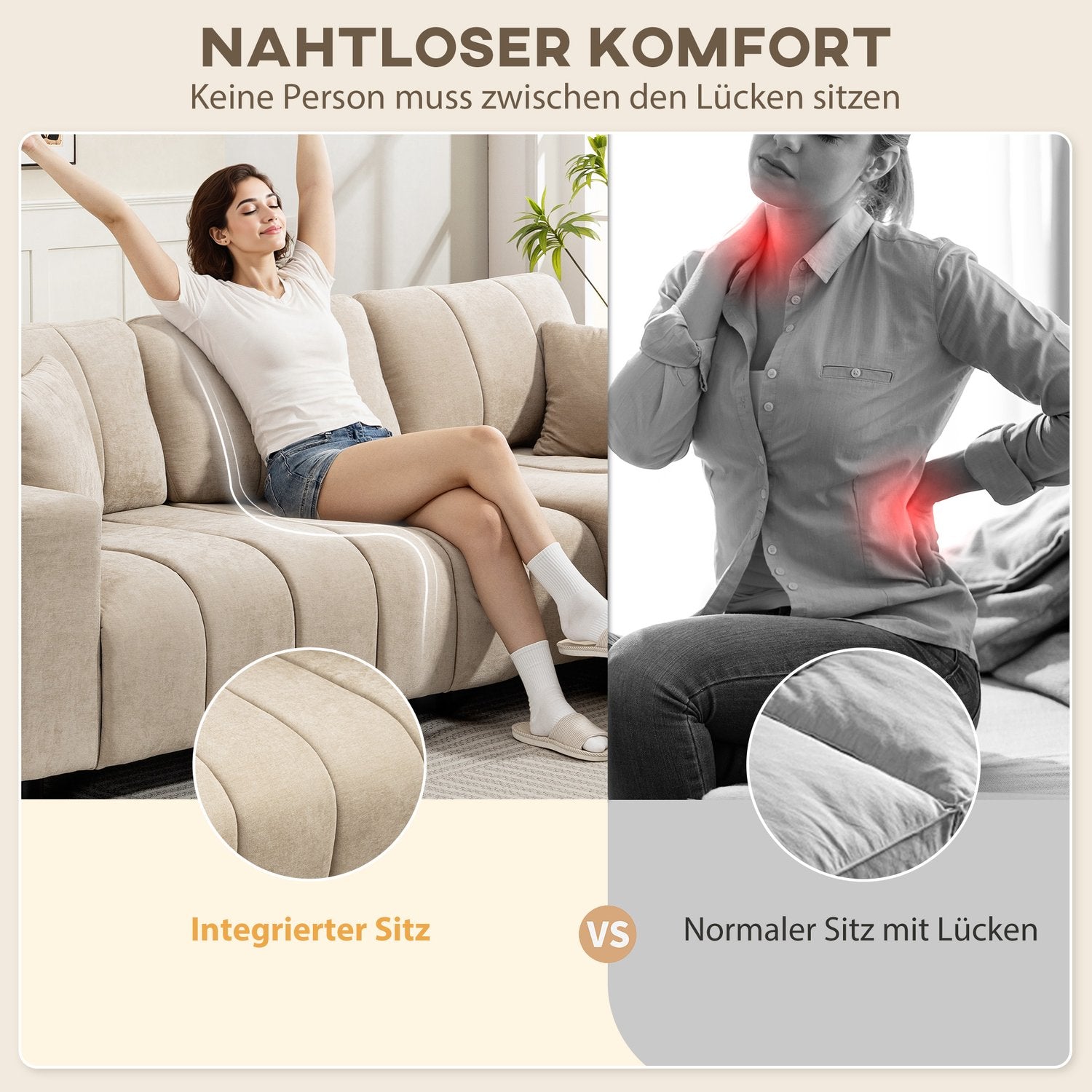 L-formad sektionssoffa, beige, 3-sits med schäslong och kuddar