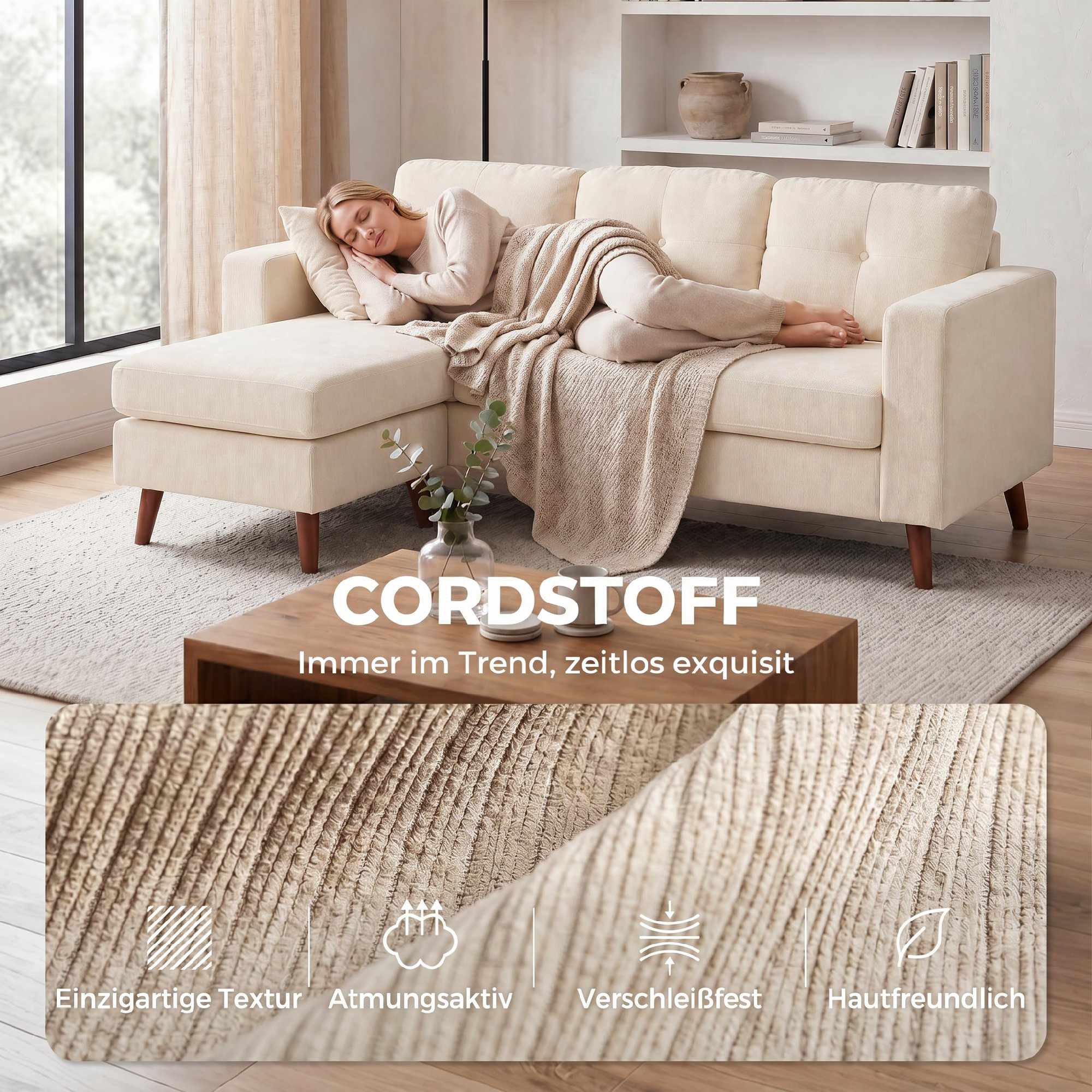 L-formad soffa med vändbar schäslong, manchestertyg, krämvit