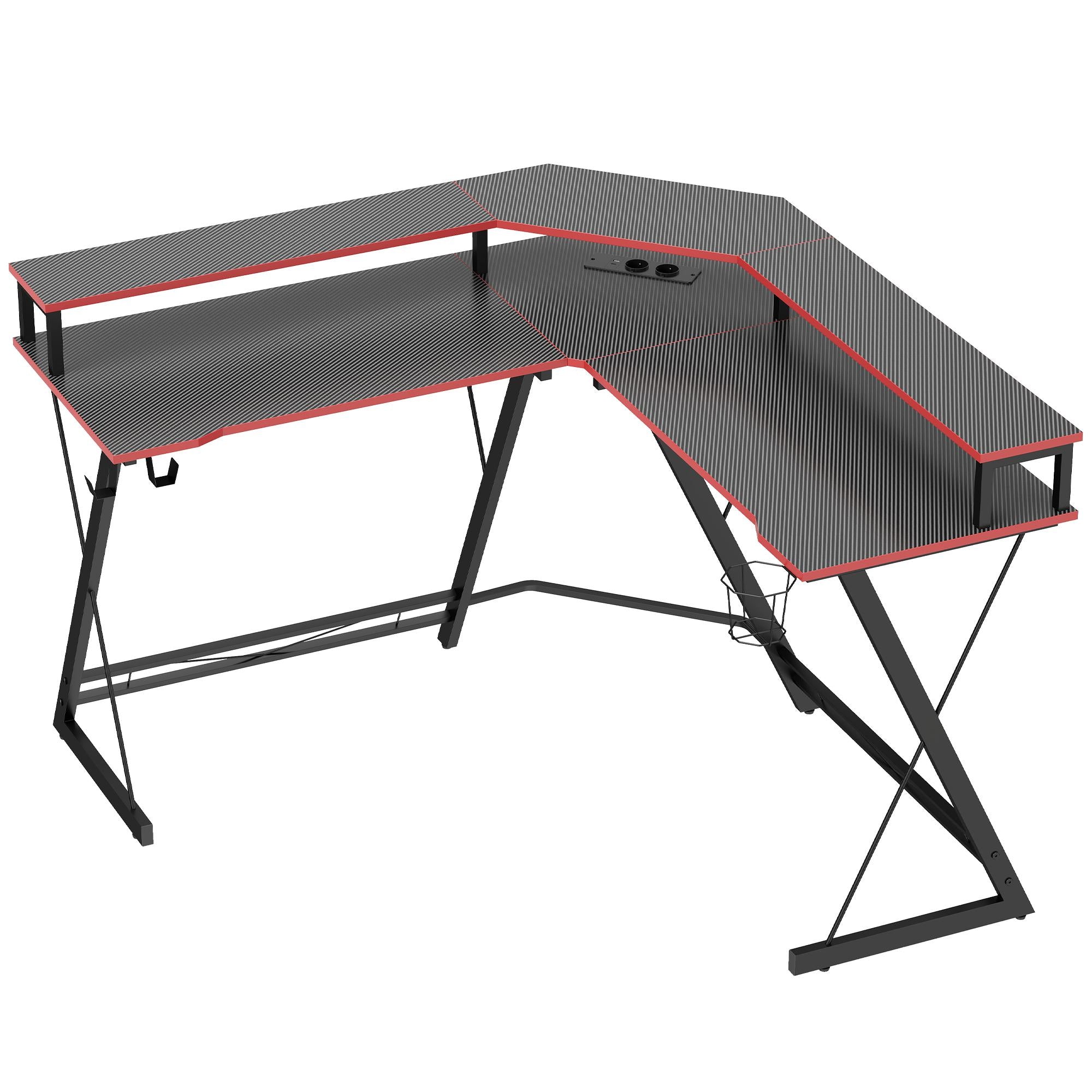 L-formet skrivebord 128 cm med AC/USB-uttak og skjermstativ