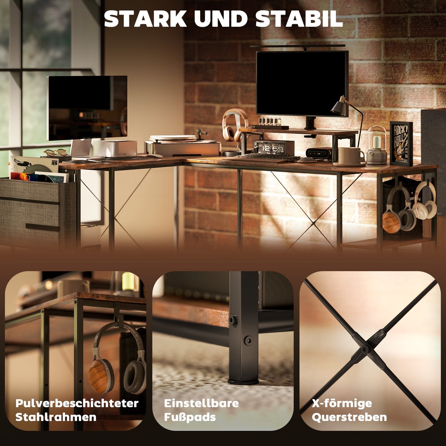 L-format hörnskrivbord med förvaring, vändbart, rustikt brunt