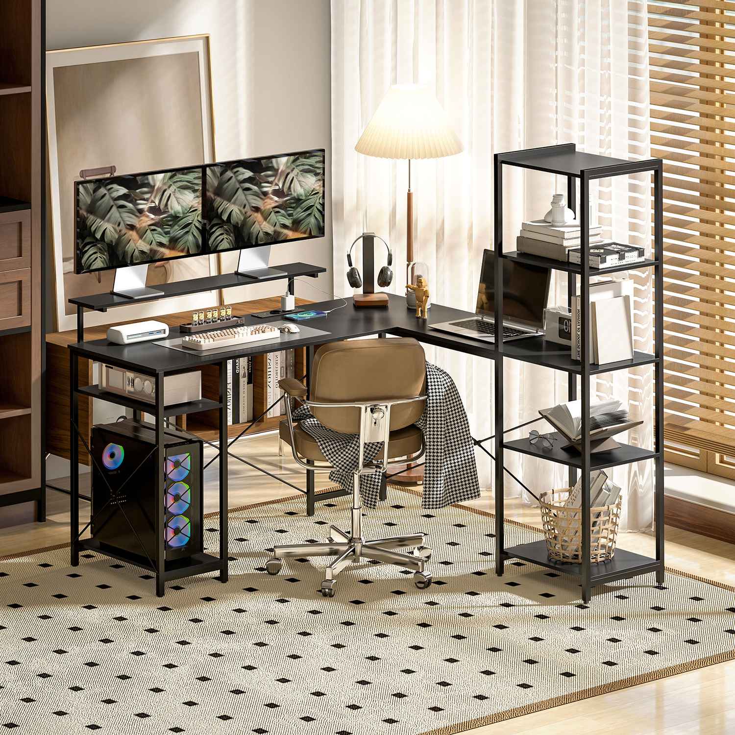 L-format kontorsbord med förvaringshyllor och USB-port